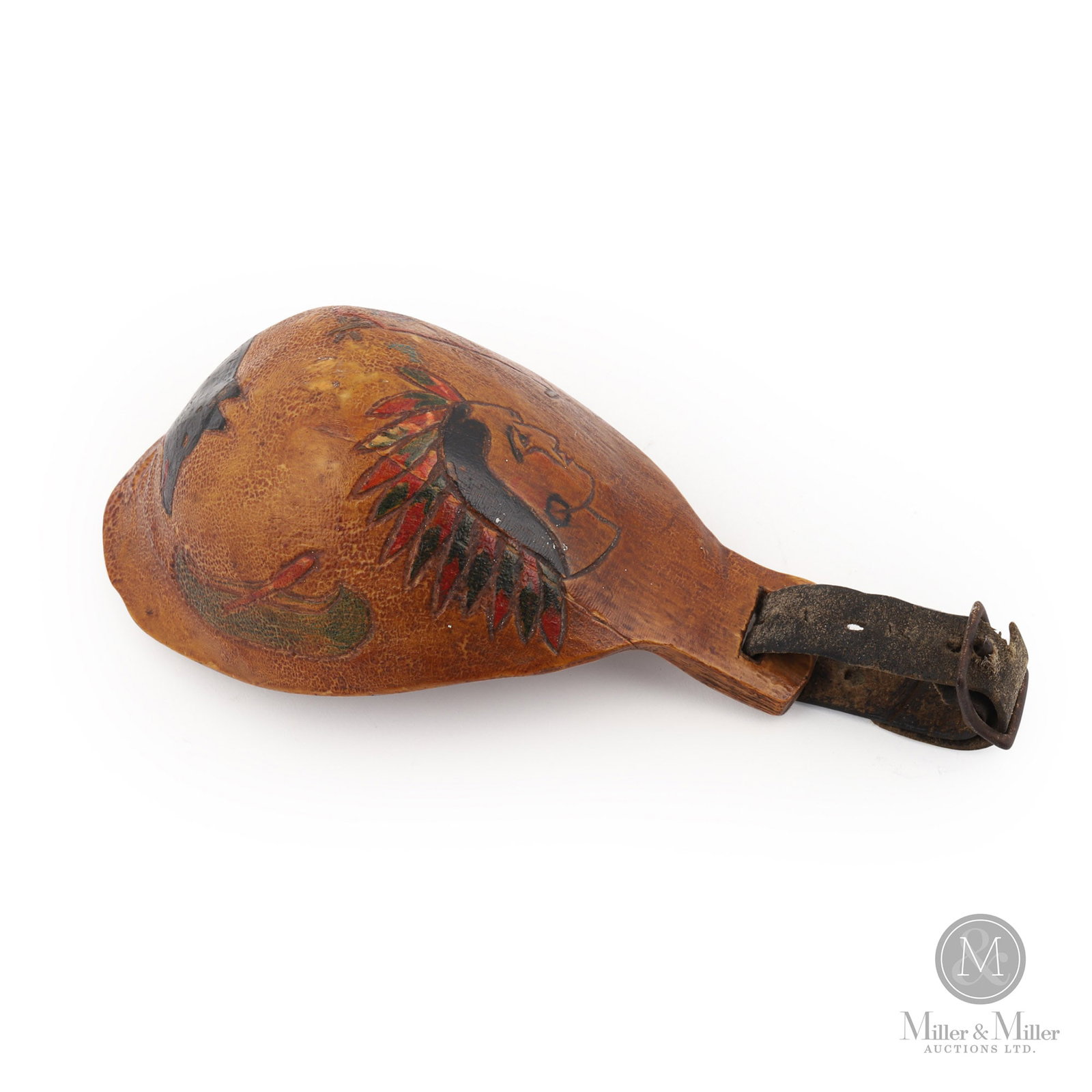 Canoe Cup with Wolf and Canoe: Quebec. An early example with nice patina. Decorated with carved and painted first nation symbols. 2" x 8" x 3.5". From the Art & late Shirley Philp Collection