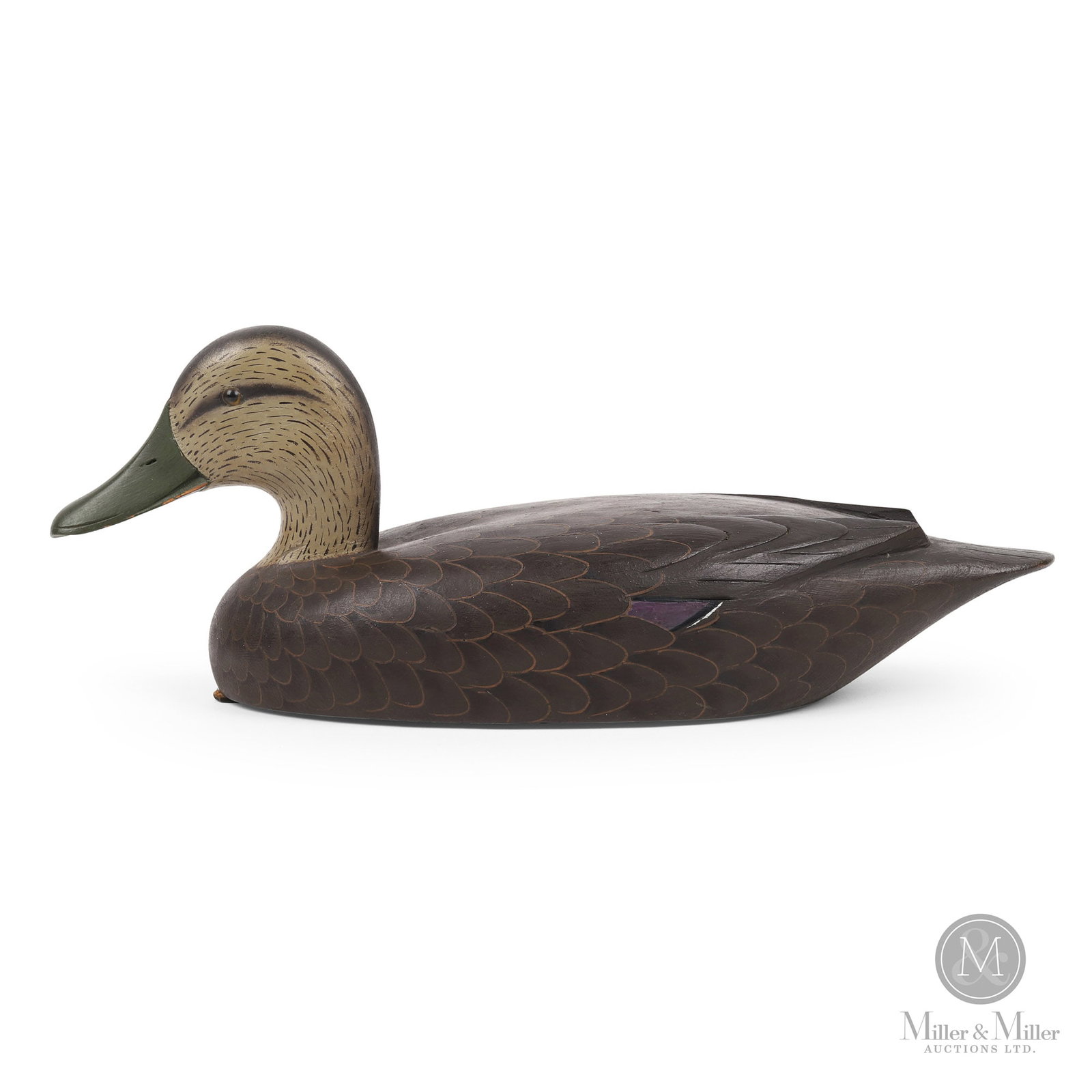 Black Duck - D.W. "Davey" Nichol, Smiths Falls Ontario: Smiths Falls, Ontario. Third quarter 20th century. Painted wood. D.W. "Davey" Nichol (1890-1977). Pictured in "The Judas Birds". 6.25" x 16.75" x 5.75".