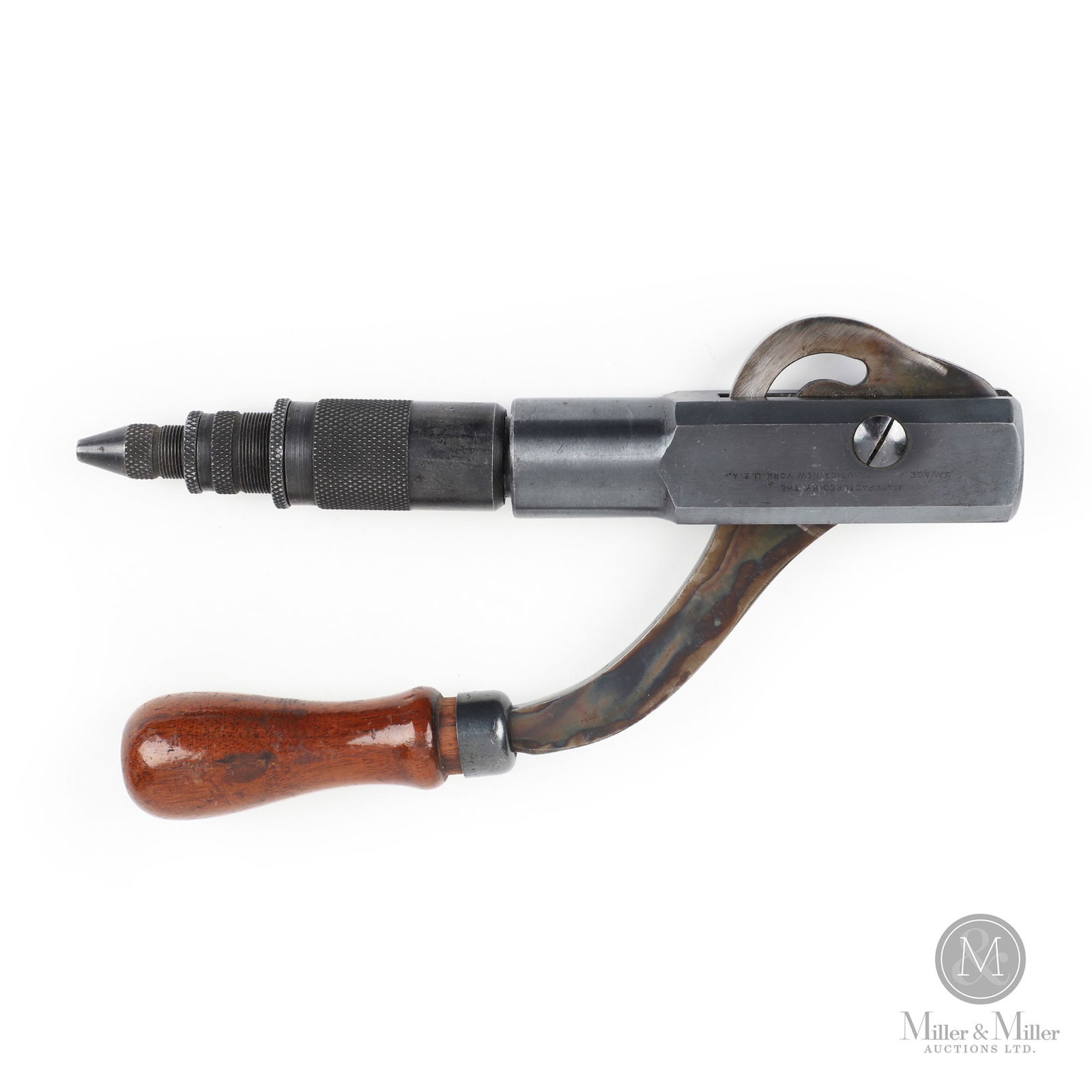 Vintage Savage Arms Co. Stamped Ammunition Lever Reloading Tool: American. For reloading 32-40 calibre rifle cartridges, a calibre that was available in Savage Model 1899 rifles. Marked, on body of tool. 9" x 4.5" x 1.25". From the G. Wayne Connor Collection.