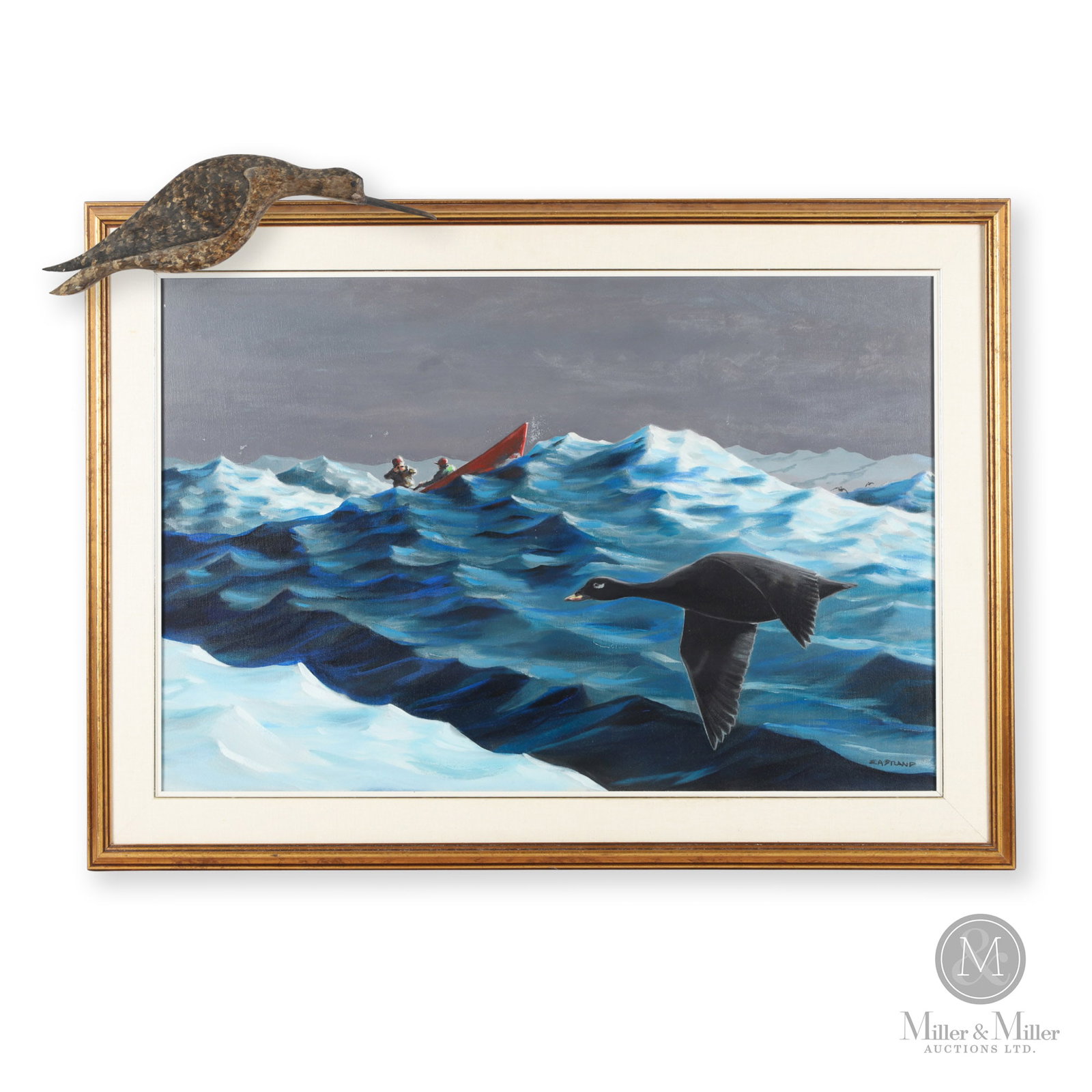 Timothy Eastland Sea Duck Hunting Oil on Canvas and "Flatty" Curlew Carving: Painting by Timothy Andrew Eastland of Old Lyme, CT. (1943-2023). The Curlew carving is circa 1975. Painting signed "Eastland" in the lower right corner. Carving is unmarked.