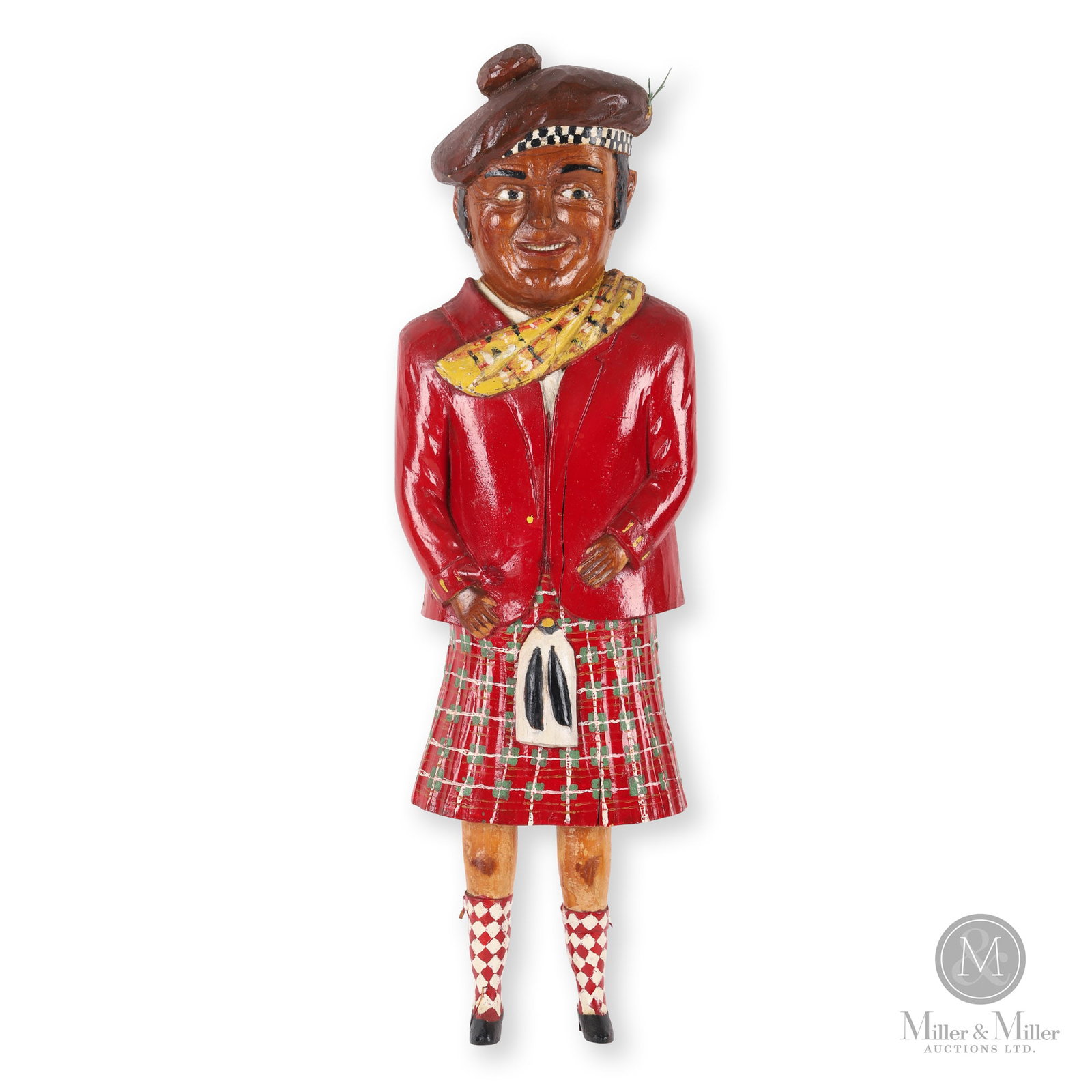 Bill McClelland "The Scotsman": Nova Scotia. C. 1980. Painted and carved wood. A most impressive painted wood carving of a Scotsman in full regalia by Bill McClelland. Mr. McClelland had an eye for detail and this meticulous carving