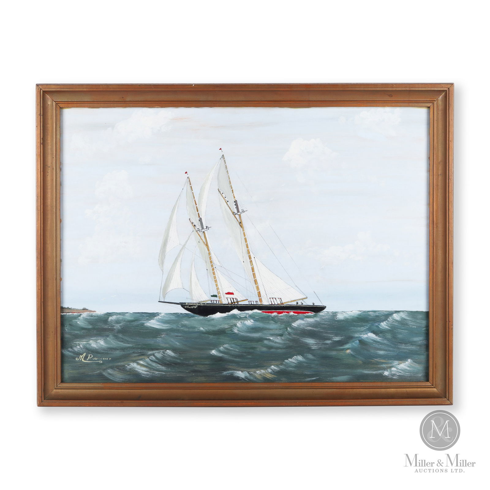 Painting of the Bluenose by M. Publicover: Oil on paper of the "Bluenose" approaching harbour with a strong wind in its sails. Morton Publicover (1889-1941) lived in Blandford, Nova Scotia. Very good condition, C. 1930. Painting : 21" x 28". F