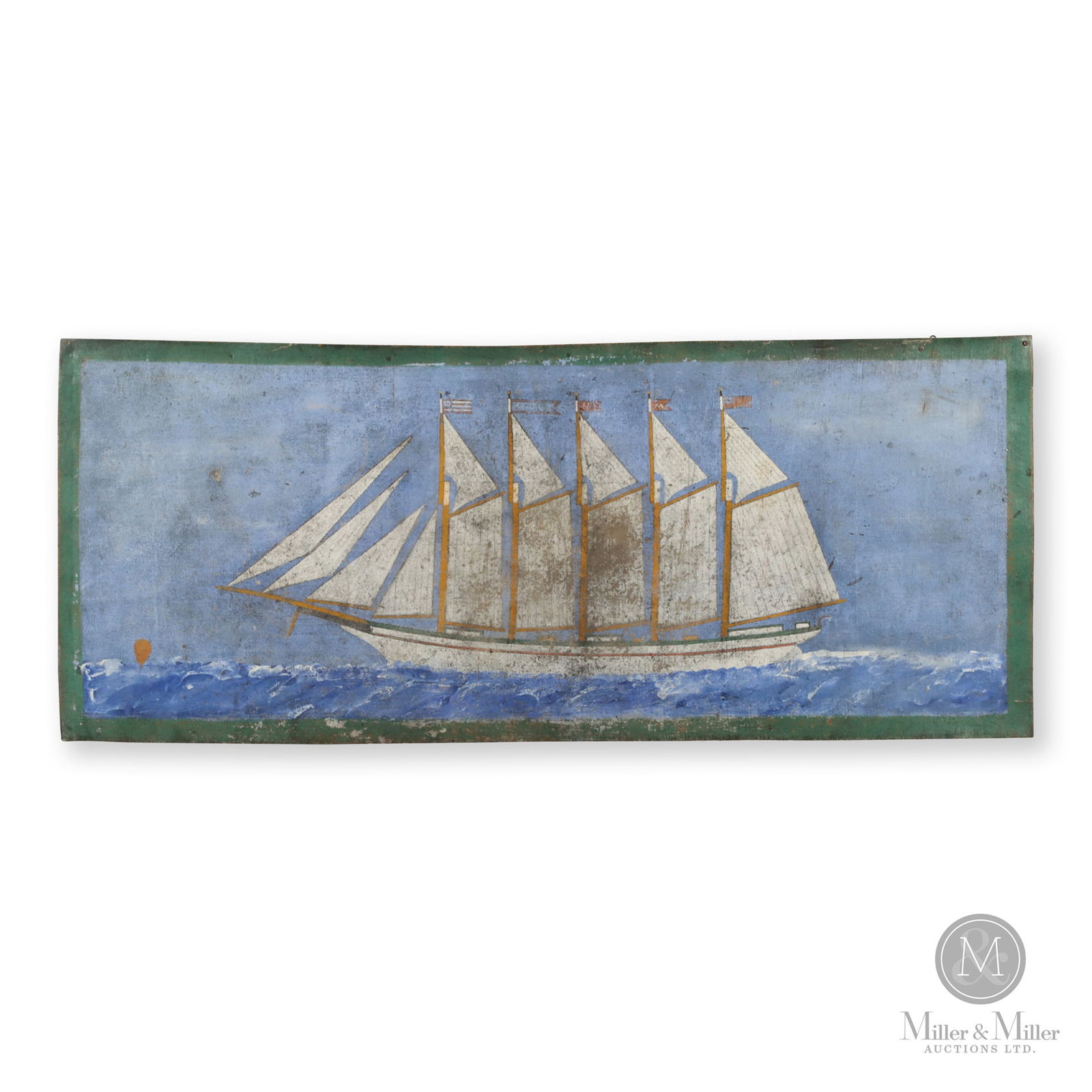 Sailor's Mat With 5-Mast Schooner: A rare sailor's mat painted on sailcloth showing a five-mast schooner with a white hull and sails on a blue background within a green border. The ship is flying both American and Canadian colours with