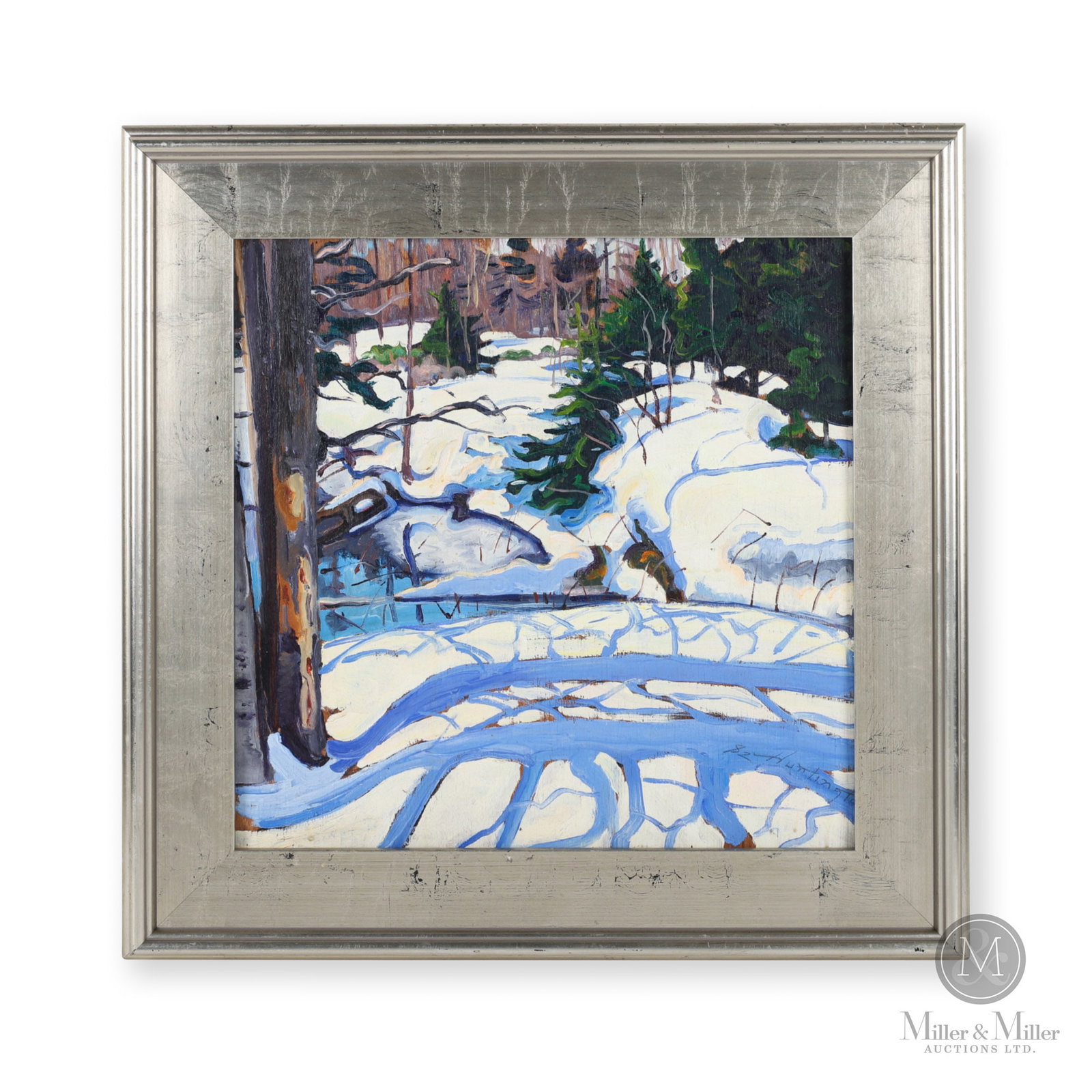 Chris Huntington "Winter Shadows Cape North": Oil on panel. Chris Huntington (1938-) oil on panel "Winter Shadows Cape North" painted in Cape Breton, Nova Scotia, 1982. Unknown to many, Chris began his working career as an artist, receiving a Bac