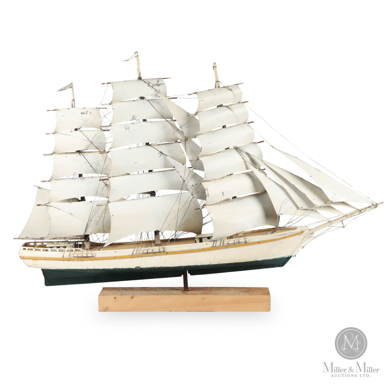 Wooden Ship Weathervane: A rarely seen wooden hull ship weathervane with three masts, square tin sails, and wire rigging. Great form and in good weathered condition with in-use overpaint. The rudder is missing and lost to the