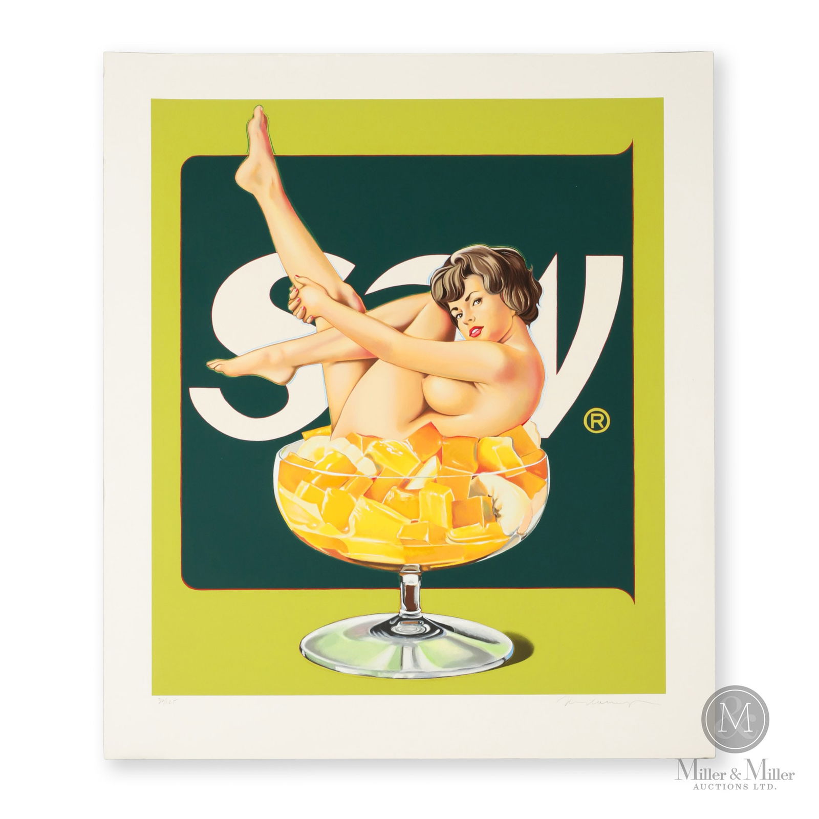 Mel Ramos "Miss Fruit Salad" Serigraph 80/125: American. 1990. Mel Ramos (1935-2018) was a California artist fascinated by pop culture and mass media icons. Ramos' provocative and humorous paintings mixed idealized nude women with the imagery of p