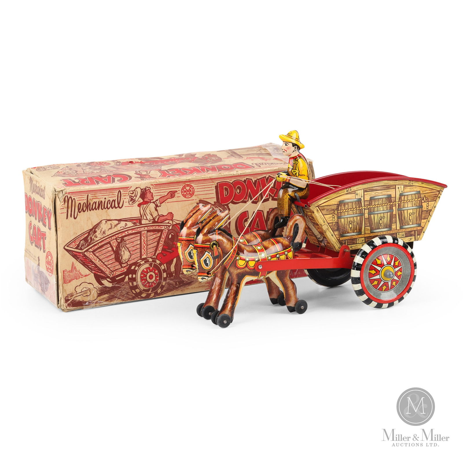 Mechanical Donkey Cart By Louis Marx & Co.: American. 1940s/1950s. This is an excellent example of a Marx mechanical toy. It is typical of the high-quality design and detail that the Louis Marx company was known for. A great addition to any toy