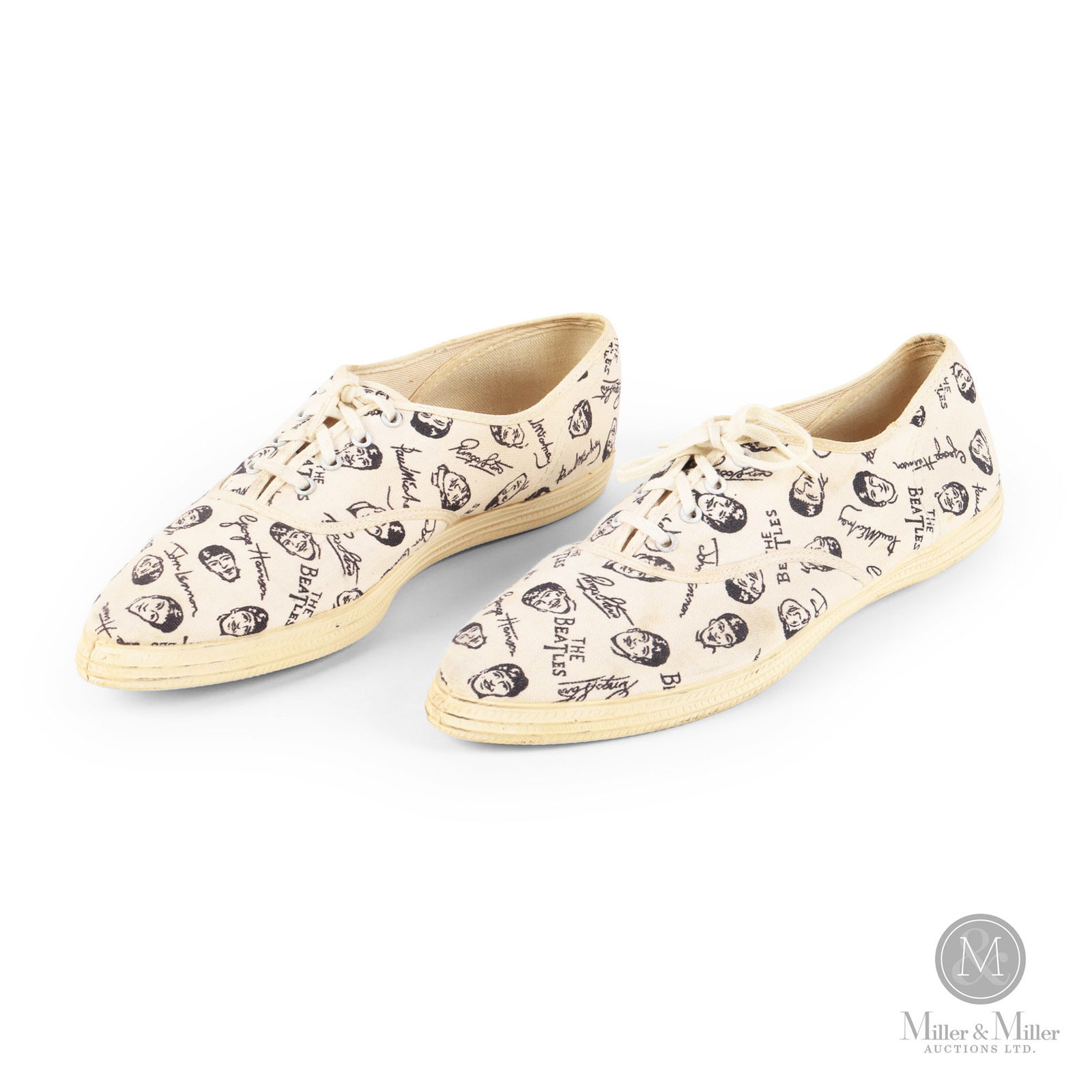 The Beatles White Wing Dings Sneakers: American. 1964. These shoes were manufactured in 1964 by Wing Dings of Saco, Maine. Wing-Ding was a subsidiary of Allied Chemical Coating, Inc., which held the official sneaker license for this Beatle