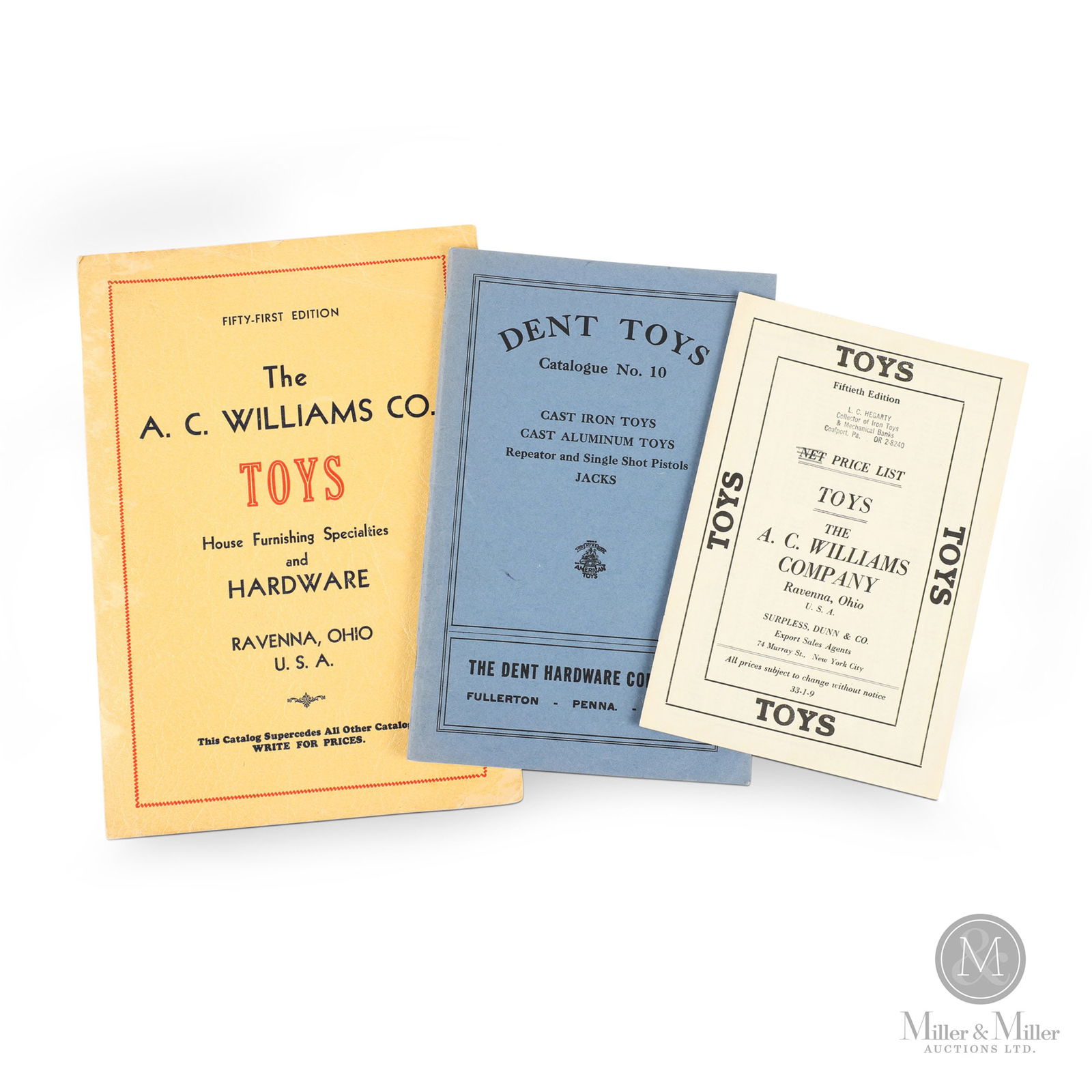 A.C. Williams and Dent Hardware Toy Catalogues: American. Dent: 1925. A.C. Williams Company: 1920s-1930s. This is a group of 3 toy catalogues, 2 from the A.C. Williams Company and 1 from The Dent Hardware Company (makers of cast iron and cast alumi