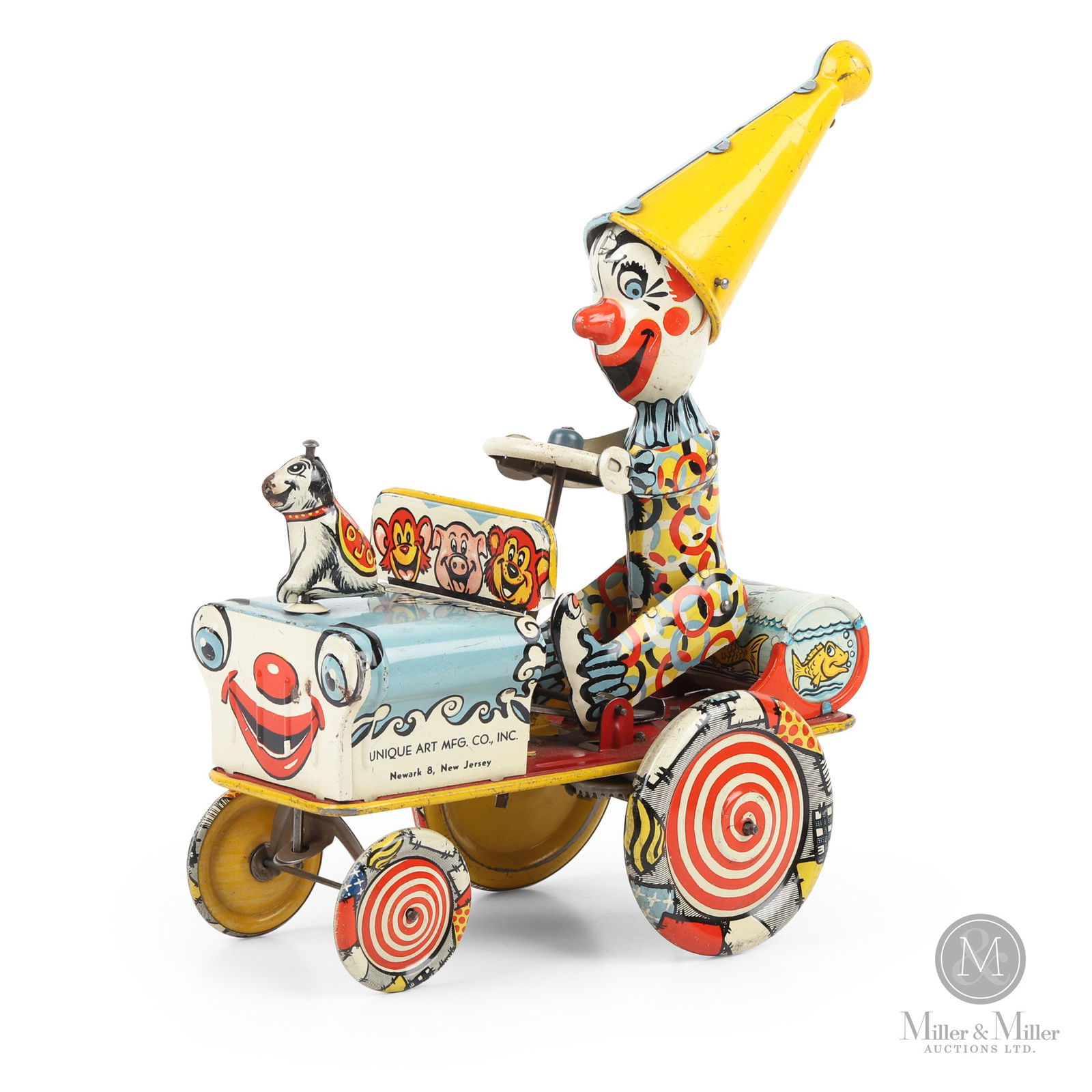Clown Crazy Car By Unique Art Manufacturing Co.: American. 1940s. This is an uncommon version of the crazy car toys, showing a clown, his dog, and his fish on a car. This is a whimsical wind-up toy made by the Unique Art company. The company was fou