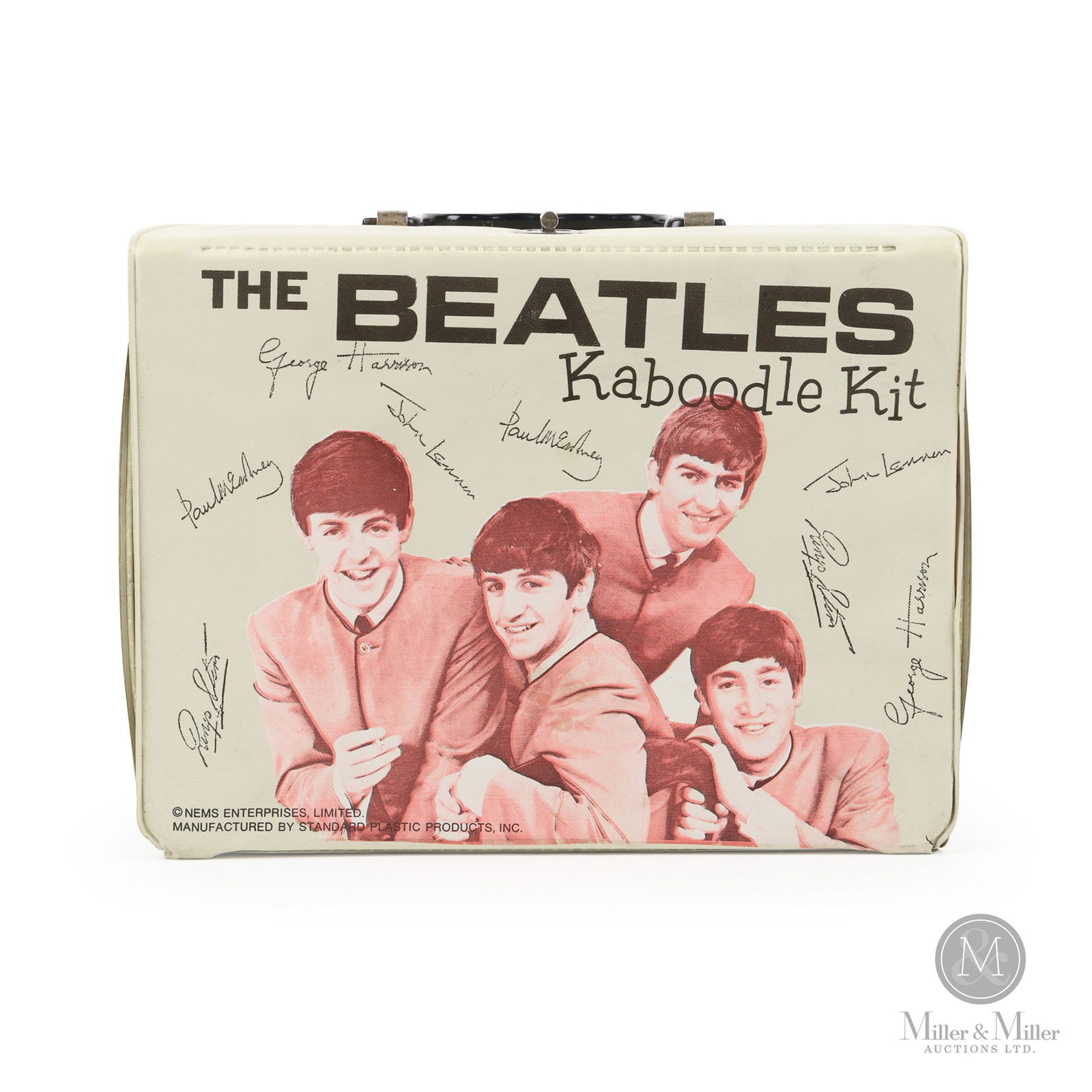 The Beatles Kaboodle Kit: American. 1964. A very rare lunchbox featuring the familiar Dezo Hoffman Beatles group photo in brown. This lunchbox was made in a variety of colors, this one being the tan colored version. Hoffman wa