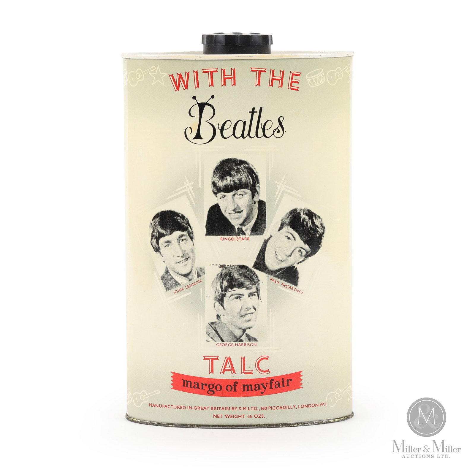 The Beatles "Margo of Mayfair" Talcum Powder Tin: British. 1963. The breadth of merchandising for The Beatles is as extensive as one could imagine, often without a nexus that connects the item to music. This is one such example that was introduced in