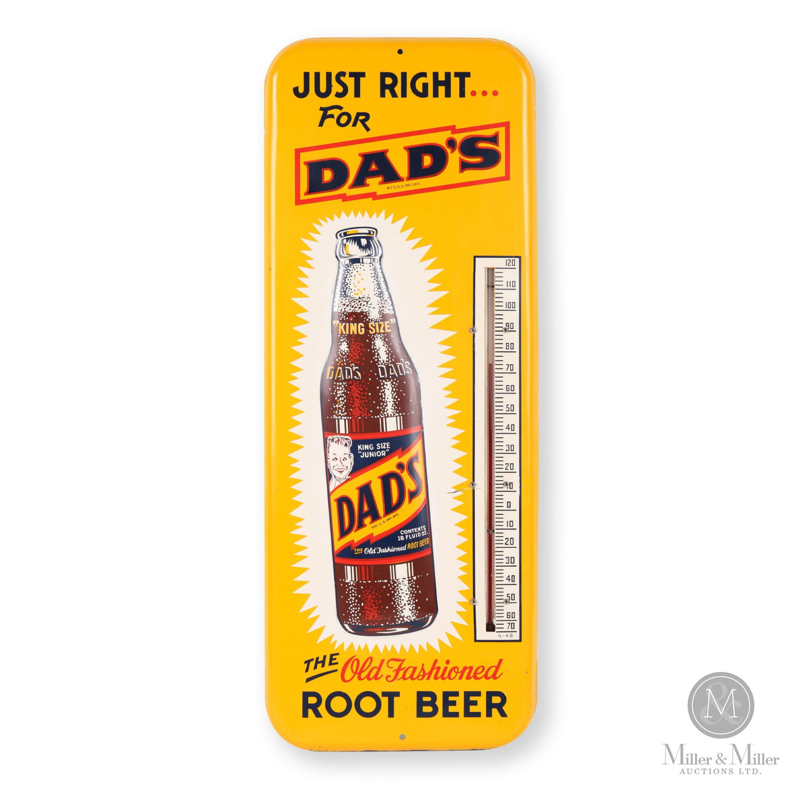 Dad's Root Beer "King Size Bottle" Thermometer: 47081 1950s. Embossed single sided tin (SST). Just right for Dad's. The old-fashioned Root Beer. Marked "PT-1" at the lower right edge and "N-4B" under the thermometer gauge. Authenticated by The Auth