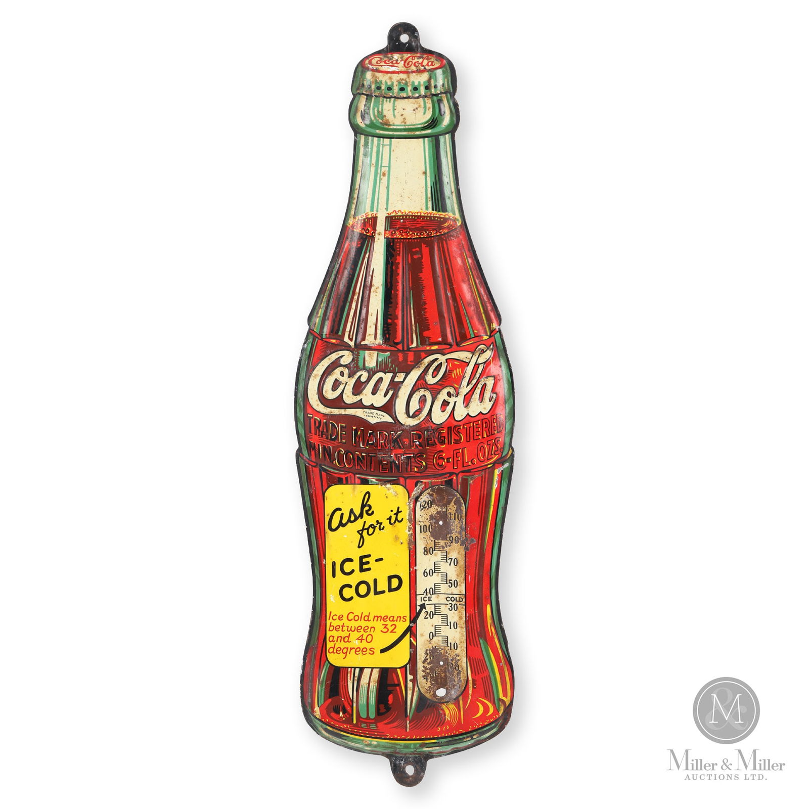 Coca-Cola "Ask For It Ice-Cold" Bottle Thermometer: Canadian. 1930s. Embossed single-sided tin (SST). Authenticated by The Authentication Company (TAC #500467). All items are guaranteed authentic by Miller & Miller Auctions. All purchases are eligible