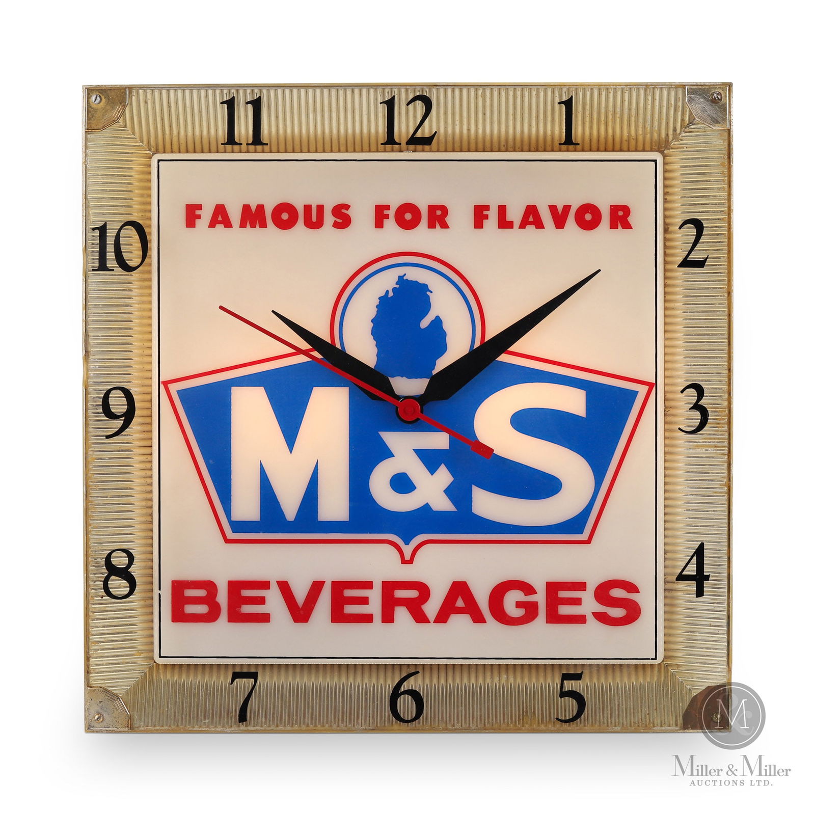 M&S Beverages Lighted Clock: American. 1960s. Screened plastic dial. All items are guaranteed authentic by Miller & Miller Auctions. All purchases are eligible for delivery to the Check the Oil Show on June 20-21 2025. Size 16" x
