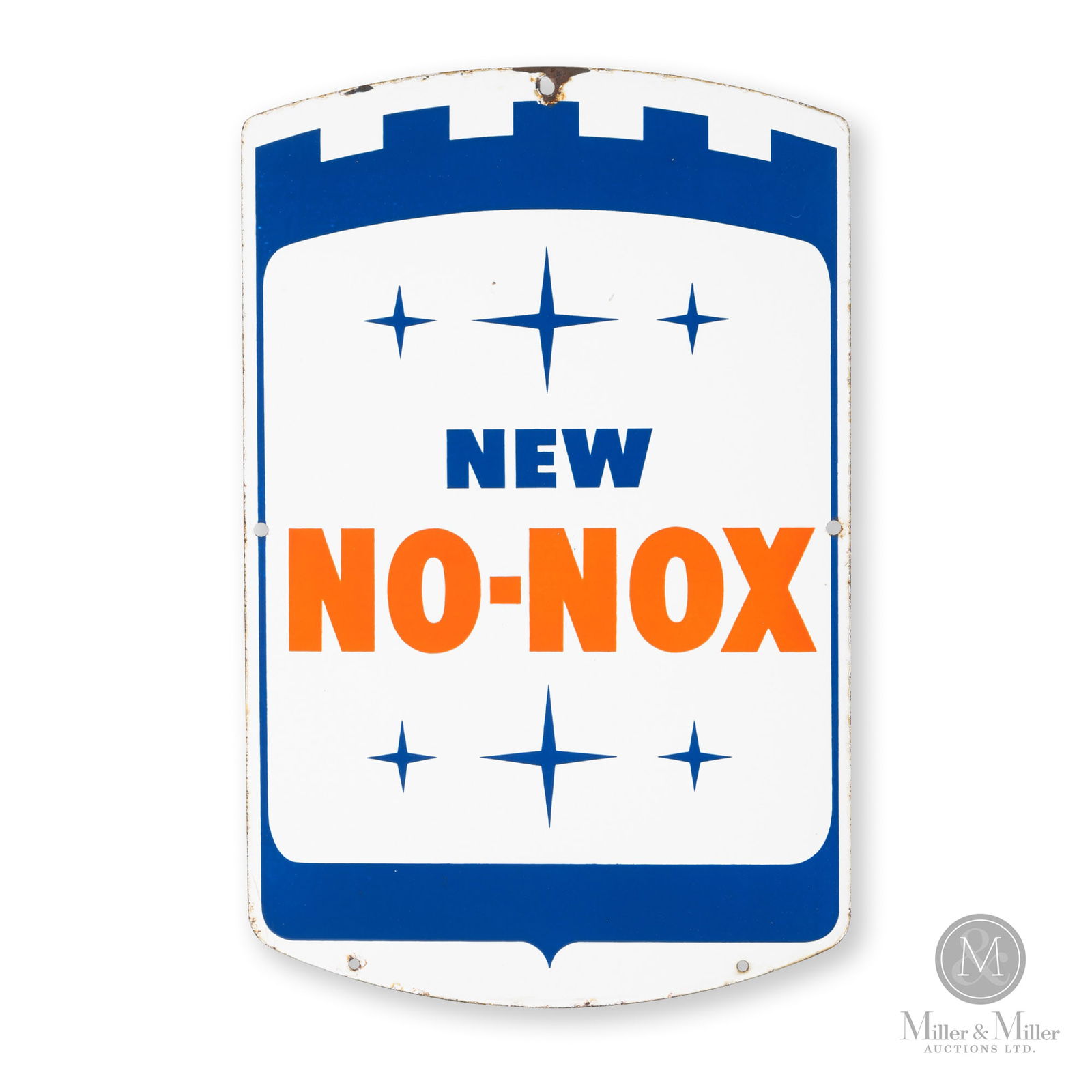 Gulf New No-Nox Gasoline Pump Sign: American. 1960s. Single-sided porcelain (SSP). 17.5" x 11.25". Authenticated by The Authentication Company (TAC #400748). All items are guaranteed authentic by Miller & Miller Auctions. All purchases