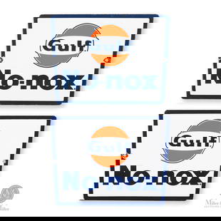 Gulf No-Nox Gasoline Pump Signs: American. 1960s. Single-sided porcelain (SSP). Each: 8.5" x 11.25". All items are guaranteed authentic by Miller & Miller Auctions. All purchases are eligible for delivery to the Check the Oil Show