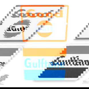 Gulf and Gulftane Gasoline Pump Signs: American. 1960s. Single-sided porcelain (SSP). Each: 8.5" x 11.25". All items are guaranteed authentic by Miller & Miller Auctions. All purchases are eligible for delivery to the Check the Oil Show