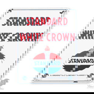 Standard Oil White Crown Gasoline Sign: American. 1950s. Single-sided porcelain (SSP). Marked, "AD-1954" and "I.R.48", lower left and right edge. 15" x 12". Authenticated by The Authentication Company (TAC #400746). All items are