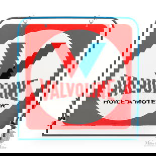 Valvoline Motor Oil 1972 Sign & Bracket: Canadian. 1972. Double-sided painted metal (DSPM). Marked, "Made by Wright Metal Signs Ltd. Freelton-Canada 72", lower centre edge. Sign: 30" x 30". Frame: 34.5" x 34". Authenticated by The