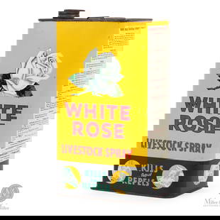 White Rose Livestock Spray 1 Gallon Tin: Canadian. 1940s. Lithographed tin. 11" x 4" Dia. Authenticated by The Authentication Company (TAC #400973). All items are guaranteed authentic by Miller & Miller Auctions. All purchases are eligible
