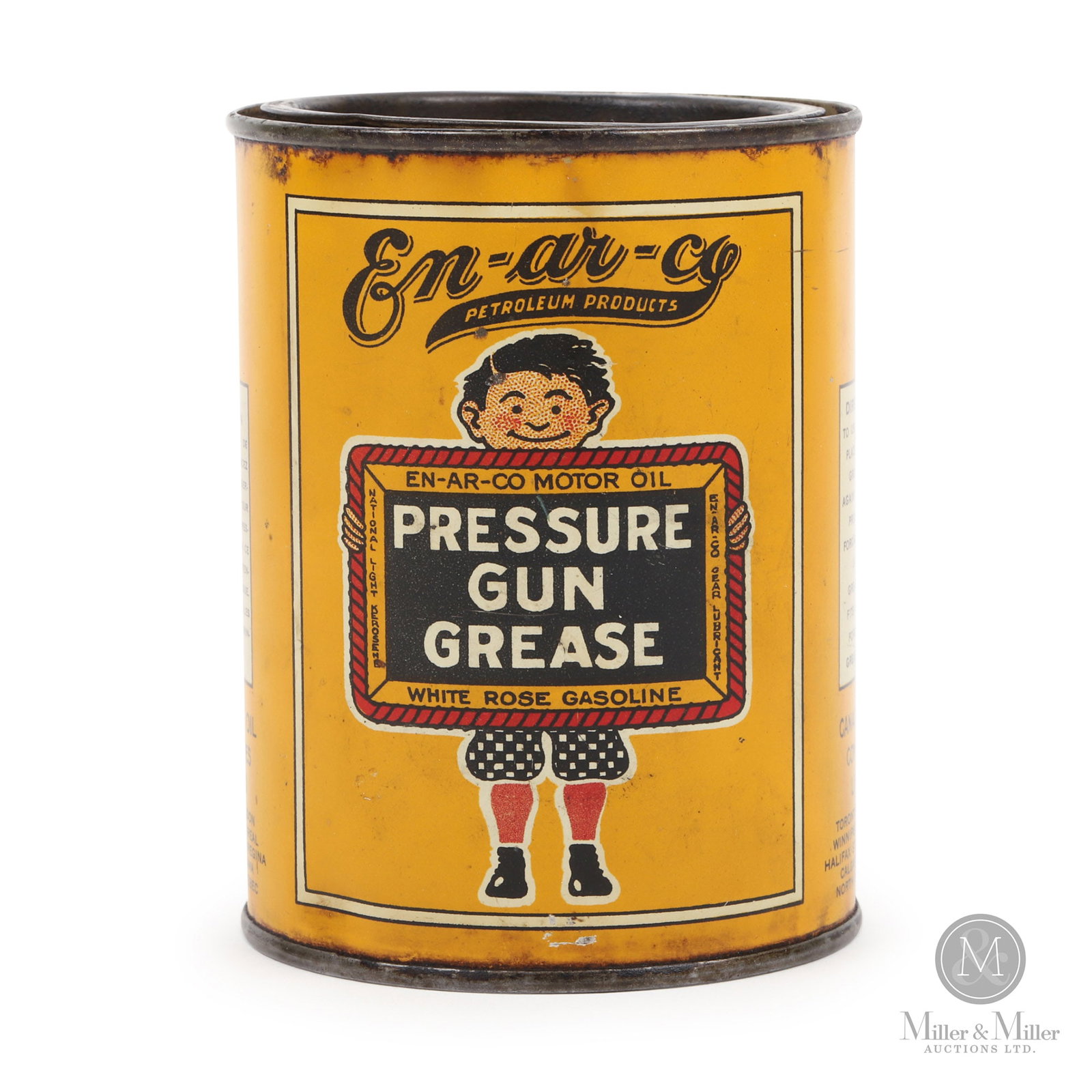 En-Ar-Co Pressure Gun Grease 1 Lb Can: Canadian. 1930s. Lithographed tin. Marked, "M. M. Co.", lower edge next to seam. 4.5" x 3.5" Dia. Authenticated by The Authentication Company (TAC #500458). All items are guaranteed authentic by Mille