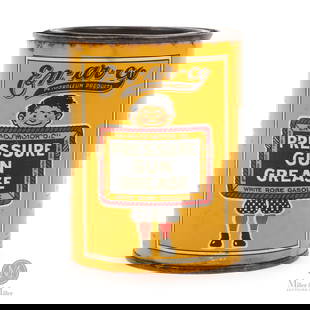 En-Ar-Co Pressure Gun Grease 1 Lb Can: Canadian. 1930s. Lithographed tin. Marked, "M. M. Co.", lower edge next to seam. 4.5" x 3.5" Dia. Authenticated by The Authentication Company (TAC #500458). All items are guaranteed authentic by