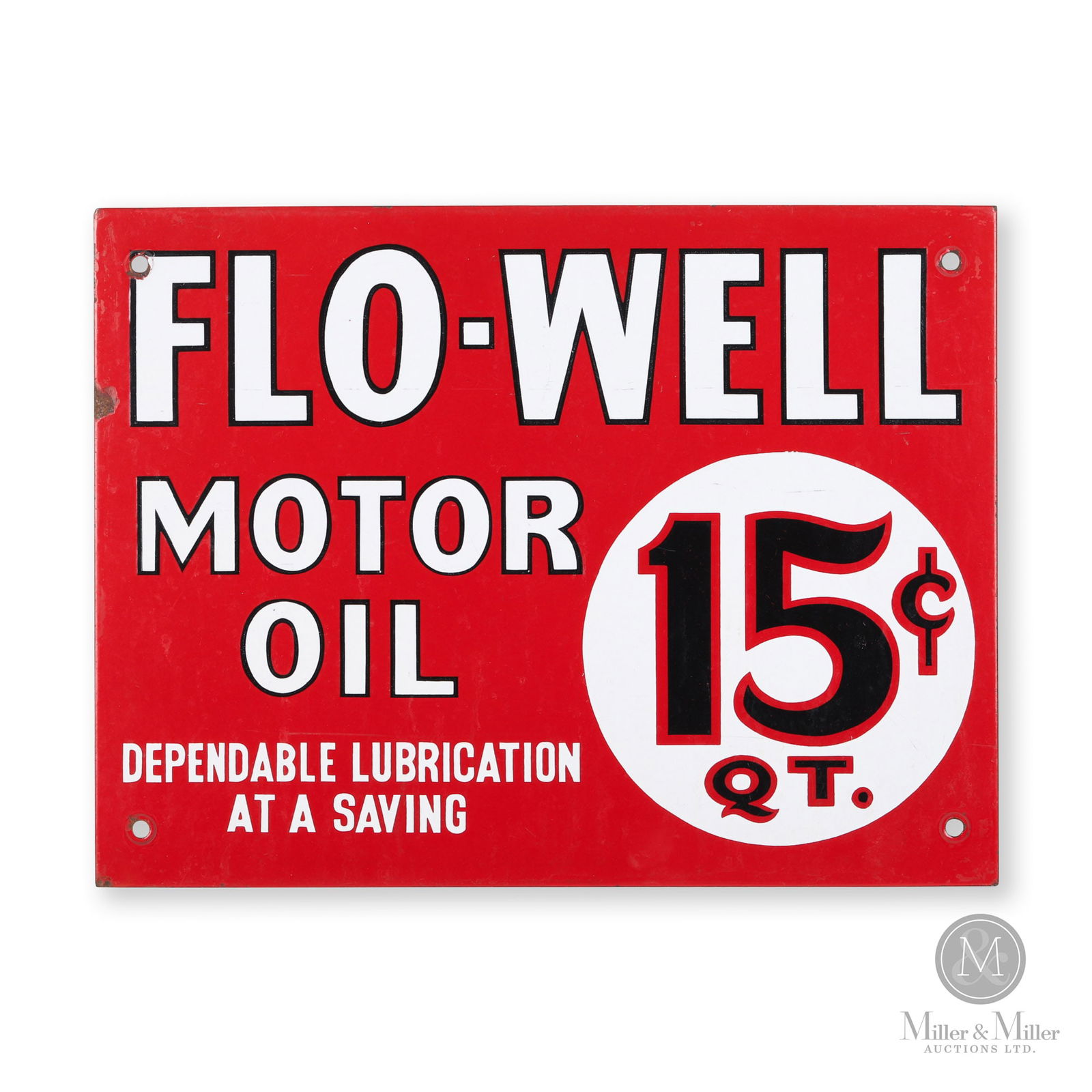 Flo-Well Motor Oil Sign: American. 1930s. Single-sided porcelain (SSP). 12" x 16". Authenticated by The Authentication Company (TAC #400755). All items are guaranteed authentic by Miller & Miller Auctions. All purchases are e