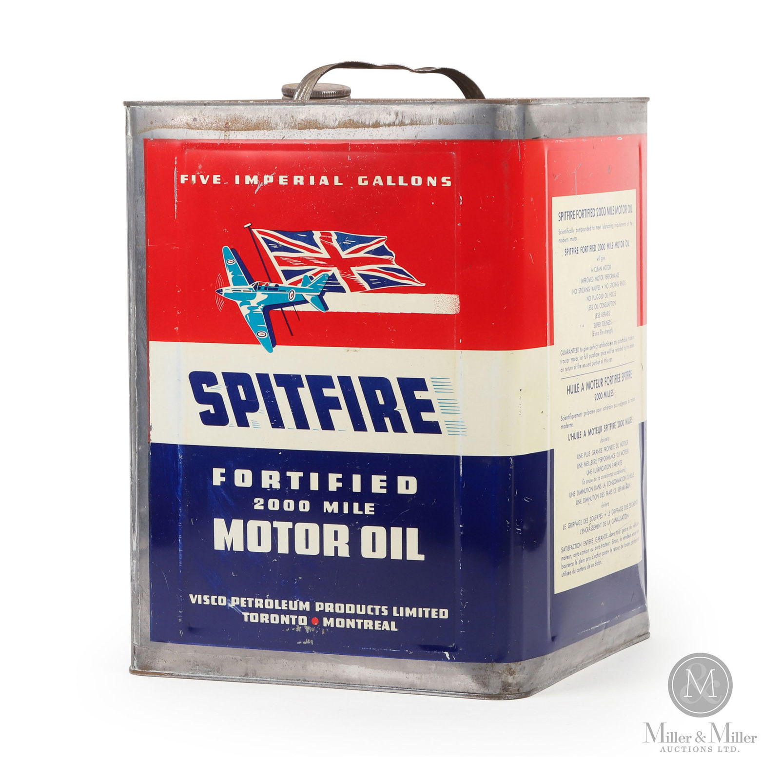 Spitfire Motor Oil 5 Imperial Gallon Tin: Canadian. 1940s. Lithographed tin. Marked, "A.C.Co.31A", lower quarter. 14.5" x 10.25" x 10.25". Authenticated by The Authentication Company (TAC #400968). All items are guaranteed authentic by Miller