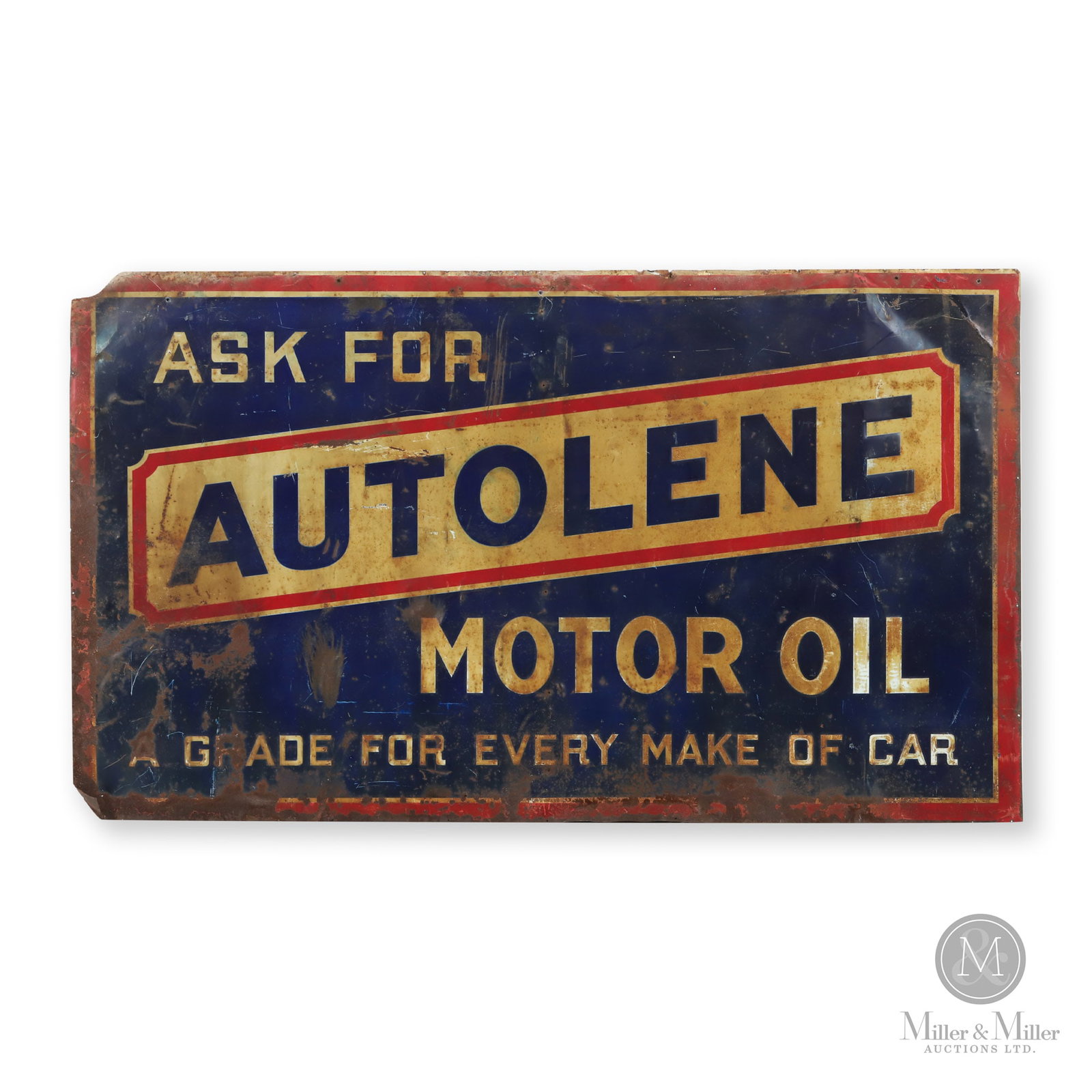 British American Autolene Motor Oil Sign: Canadian. 1930s. Embossed single-sided tin (SST). Marked, "St. Thomas Metal Signs Ltd, St. Thomas, Ont", lower center edge. 34" x 58". Authenticated by The Authentication Company (TAC #401040). All it