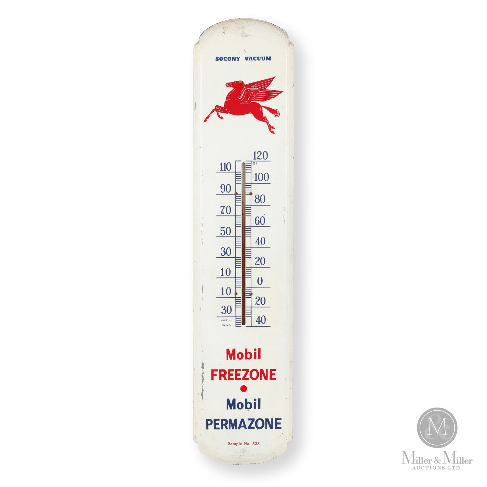 Mobil Freezone & Permazone Antifreeze Thermometer: American. 1950s. Single-sided painted metal (SSPM). Marked, "Made in U.S.A", at lower edge of thermometer scale. 36" x 8" x 1". Authenticated by The Authentication Company (TAC #400758). All items are