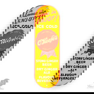 O'Keefe's Beverages Door Push Sign: Canadian. 1940s. Single-sided tin (SST). Rolled edge. Stone ginger beer, dry ginger ale, flavour beverages. Palm press / push plate. Marked, "DP", lower edge. 11.25" x 3.5". Authenticated by The