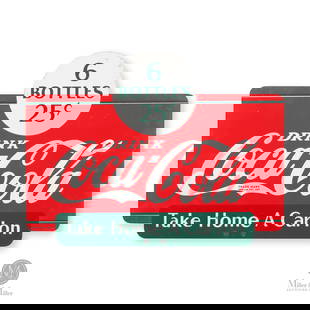 Coca-Cola Carton Display Rack Sign: American. 1937. Double-sided painted metal (DSPM). 6 bottles, 25 cents. Take home a carton. Marked, "Made in USA 1937", lower left. Marked, "WFR", lower right. 9.75" x 13". Authenticated by The