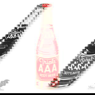 Triple "AAA" Root Beer Vertical Die-Cut Bottle Sign: American. 1950s. Single-sided tin (SST). Marked, "Stout Sign Co., St. Louis, MO", lower edge. 44.5" x 12.25". Authenticated by The Authentication Company (TAC #401060). All items are guaranteed