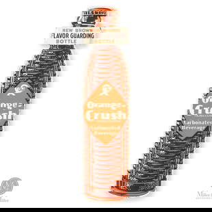 Orange Crush "New Flavor Guarding Bottle" Sign: American. 1939. Die-cut embossed single-sided tin (SST). New brown flavor guarding bottle. Marked, "Printed in USA B-590 6-39 SS", lower edge. 18" x 4.25". Authenticated by The Authentication Company