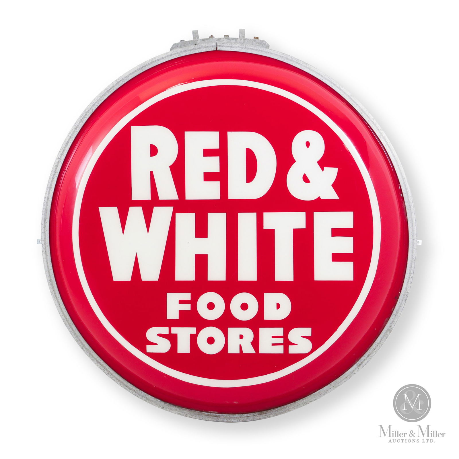 Red & White Food Stores Backlit Sign: Canadian. 1950s. Plastic with metal frame. 37" x 37". Authenticated by The Authentication Company (TAC #401058). All items are guaranteed authentic by Miller & Miller Auctions. All purchases are eligi