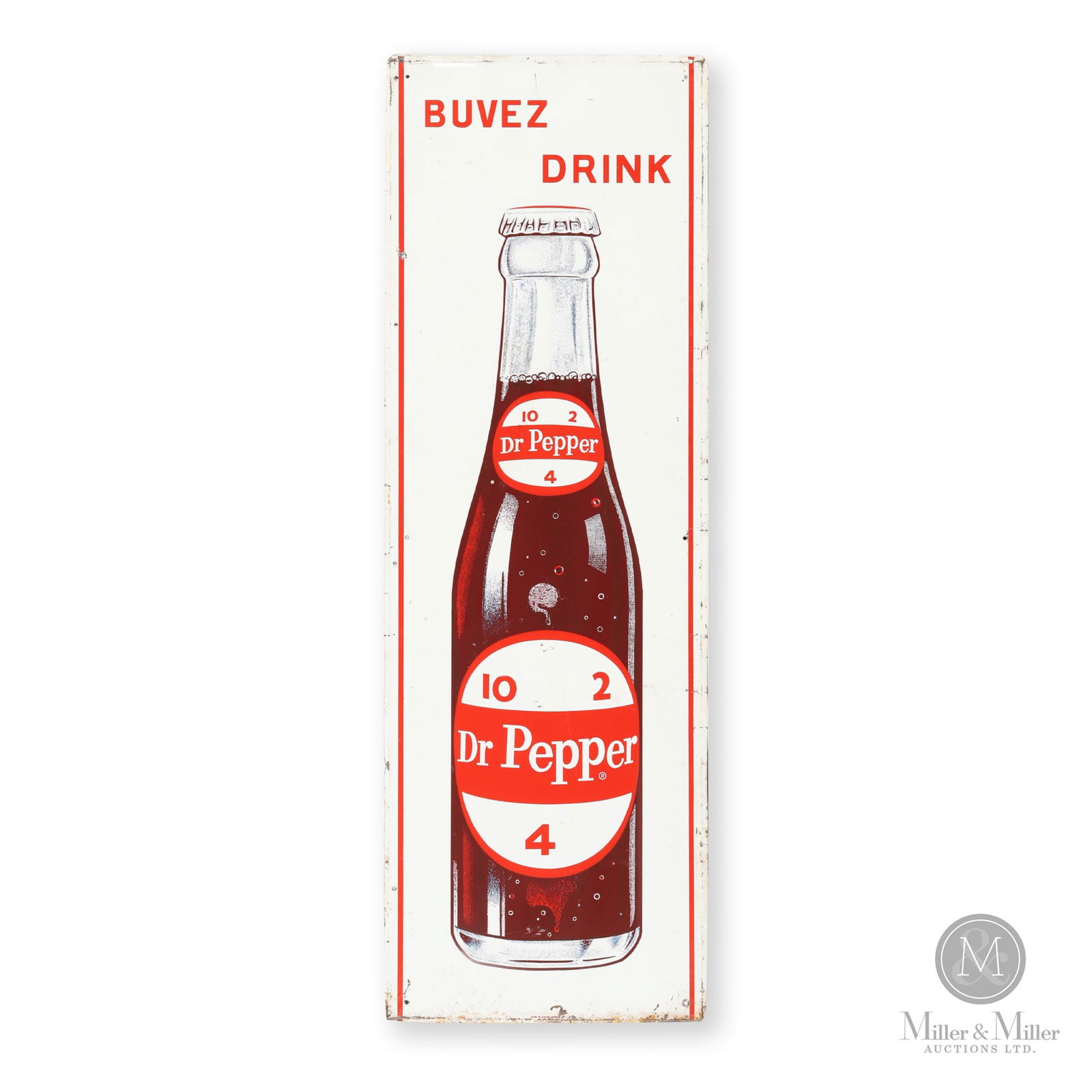 Dr. Pepper Vertical Bottle Sign: Canadian. 1968. Embossed single-sided tin (SST). Bilingual. Marked, "Made in Canada - Barker 68", lower center edge. 54" x 18". Authenticated by The Authentication Company (TAC #401010). All items are