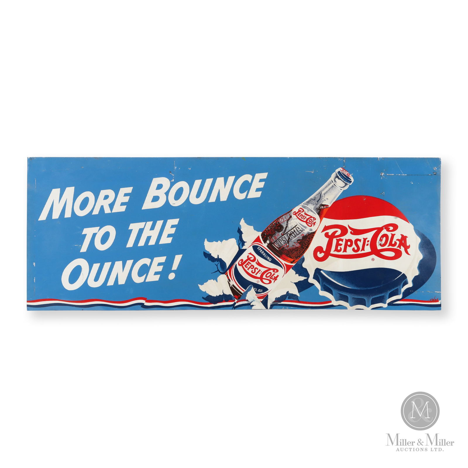 Pepsi-Cola "More Bounce To The Ounce!" Sign: American. 1940s. Single-sided aluminum (SSA). 13" x 35". Authenticated by The Authentication Company (TAC #400926). All items are guaranteed authentic by Miller & Miller Auctions. All purchases are el