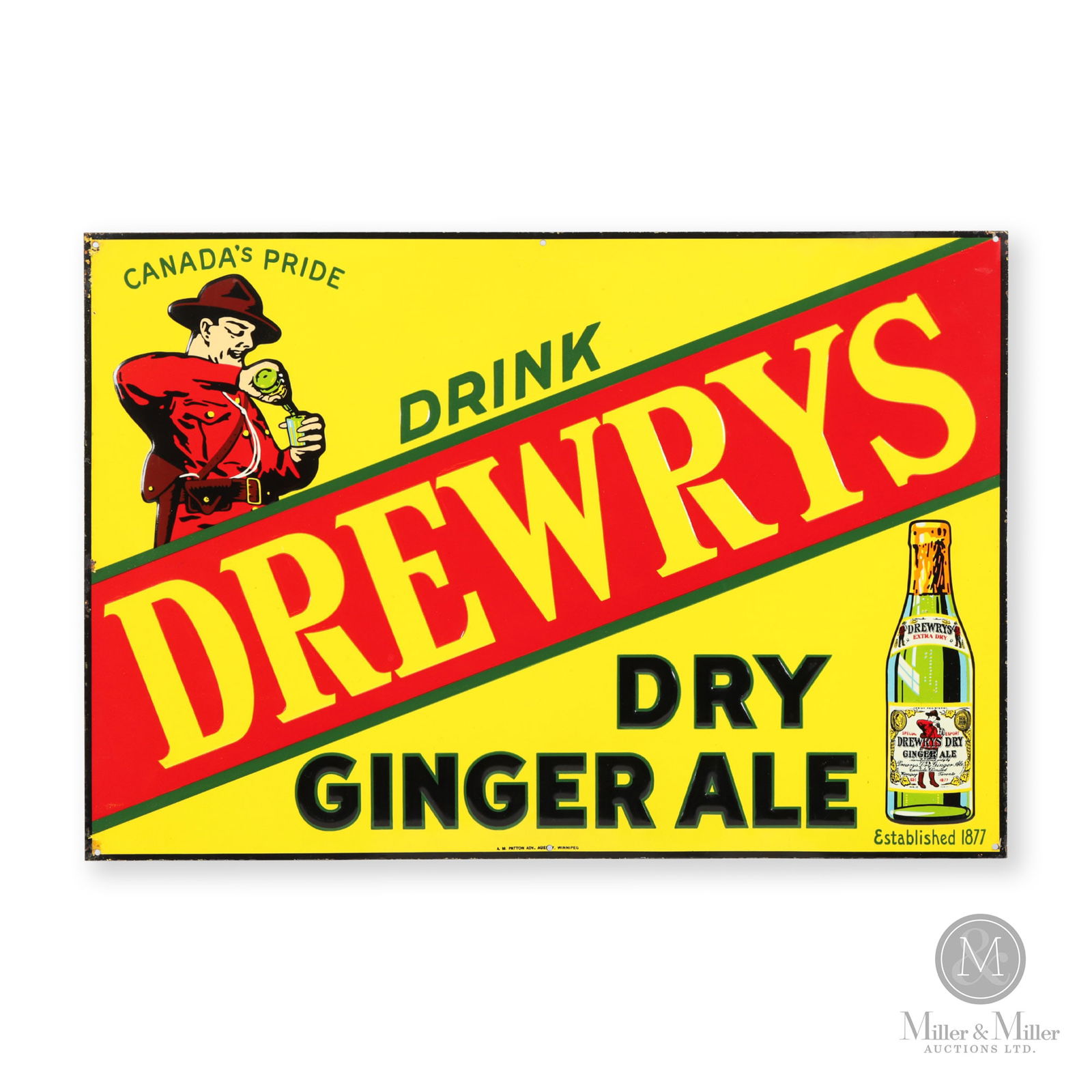 Drewry's Ginger Ale "Mountie" Sign: Canadian. 1940s. Embossed single-sided tin (SST). Marked, "A.M. Patton Adv. Agency, Winnipeg", lower centre edge. 13.5" x 20". Authenticated by The Authentication Company (TAC #400894). All items are
