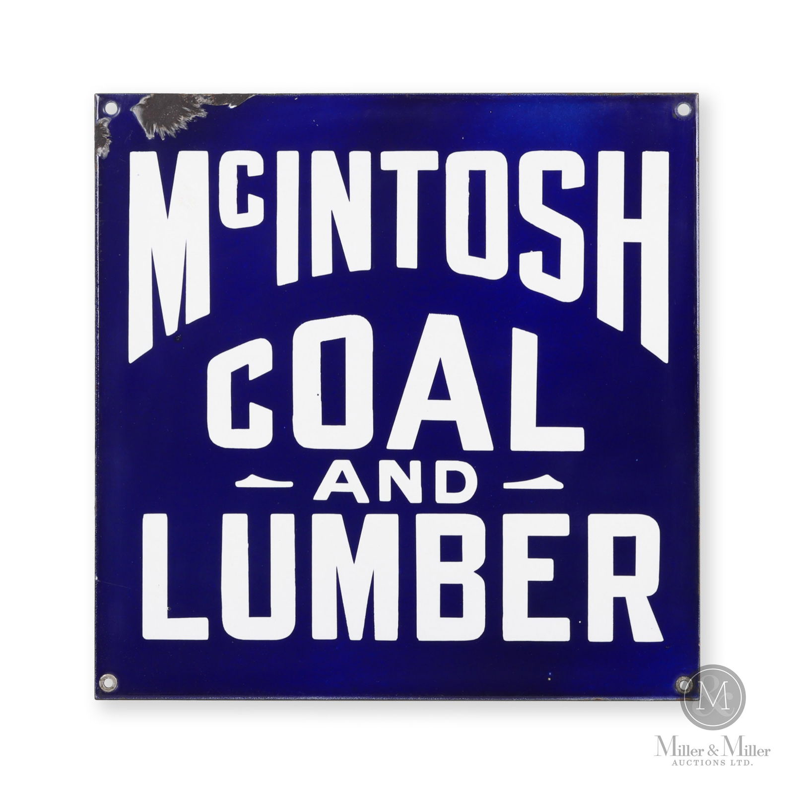 McIntosh Coal & Lumber Sign: Canadian. 1920s. Single-sided porcelain (SSP). 12" x 12". Authenticated by The Authentication Company (TAC #500372). All items are guaranteed authentic by Miller & Miller Auctions. All purchases are e