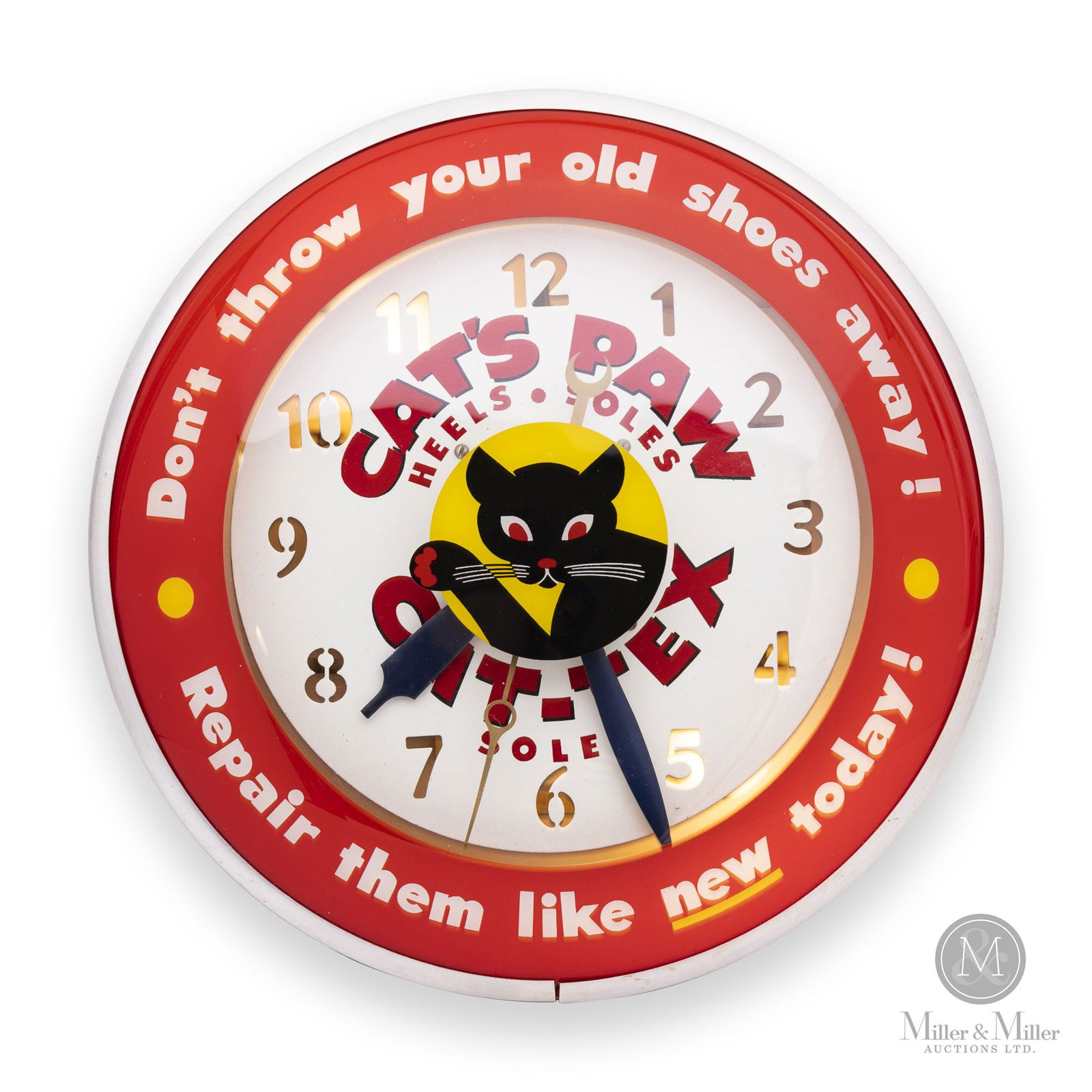 Cat's Paw Cat-Tex Soles Lighted Clock: American. 1950s. Reverse-screened glass cover. Single-sided painted metal dial. 15" Dia x 3.5". All items are guaranteed authentic by Miller & Miller Auctions. All purchases are eligible for delivery