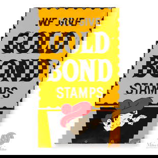 Gold Bond Stamps Sign: Canadian. 1970. Embossed single-sided tin (SST). Marked, "Canada-Barker-70 #2391", lower left edge. 58" x 34". Authenticated by The Authentication Company (TAC #401052). All items are guaranteed authe