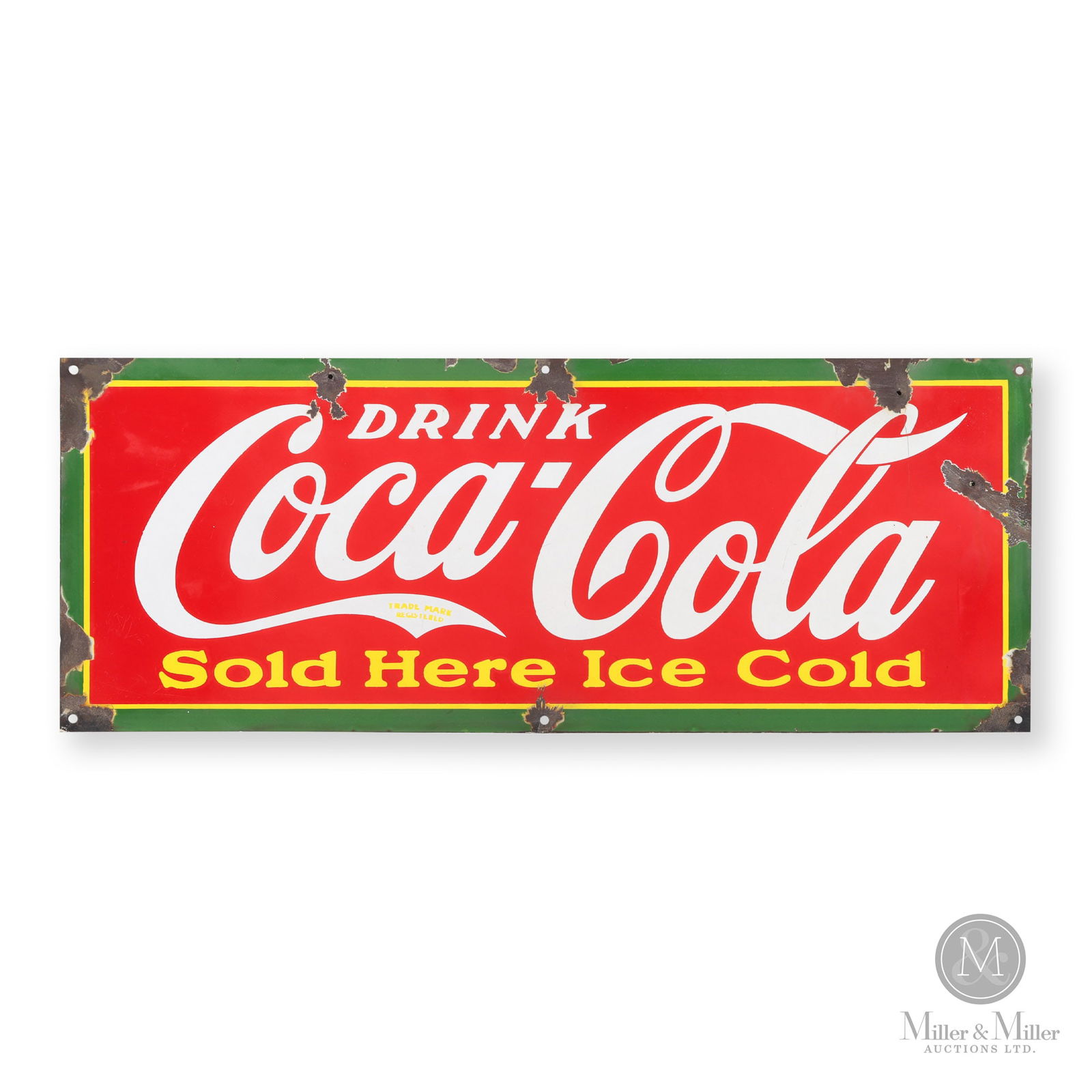 Coca-Cola "Green Border" Door Kick Sign: Canadian. 1930s. Single-sided porcelain (SSP). 12" x 31". Authenticated by The Authentication Company (TAC #500370). All items are guaranteed authentic by Miller & Miller Auctions. All purchases are e