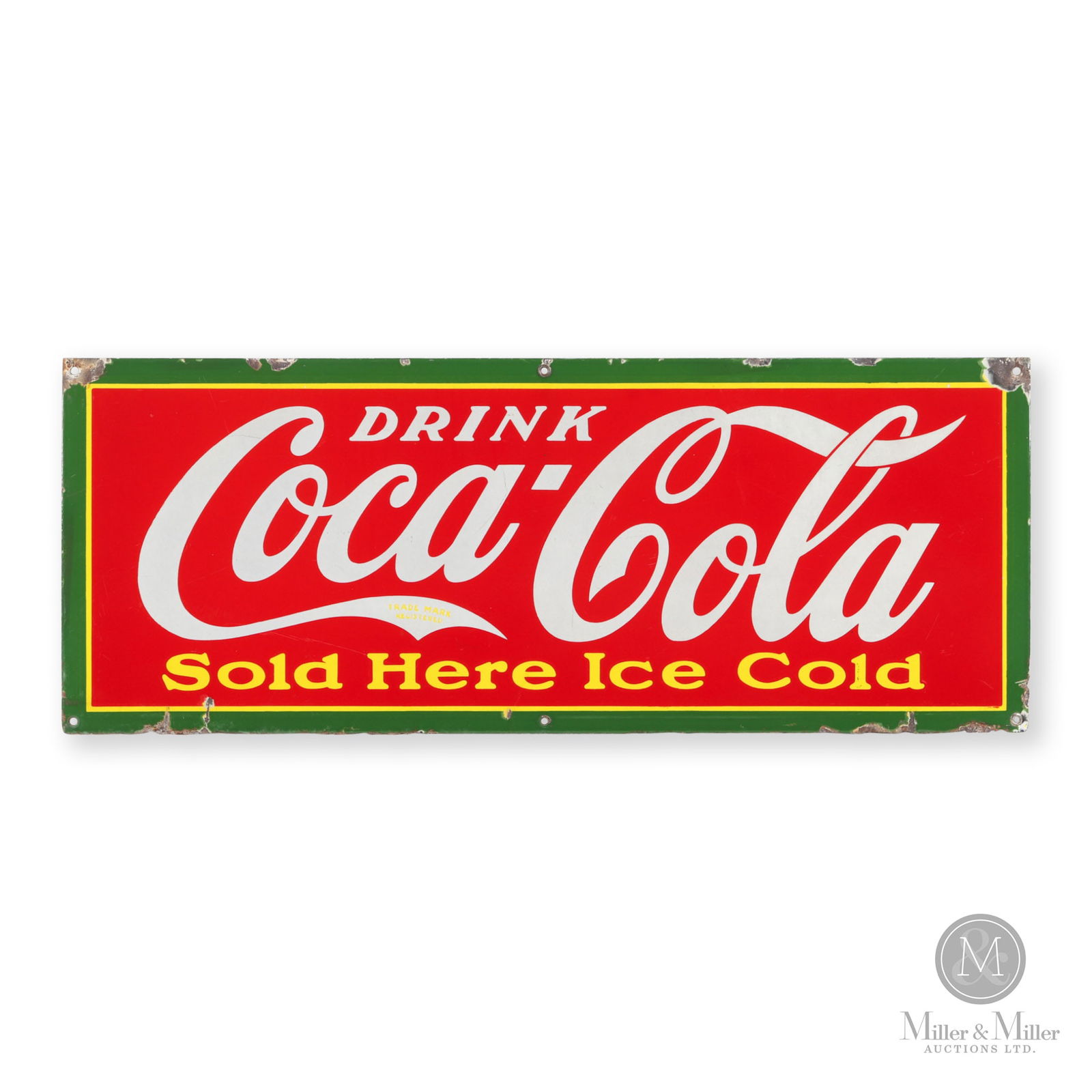 Coca-Cola "Green Border" Door Kick Sign: Canadian. 1930s. Single-sided porcelain (SSP). 12" x 31". Authenticated by The Authentication Company (TAC #400889). All items are guaranteed authentic by Miller & Miller Auctions. All purchases are e
