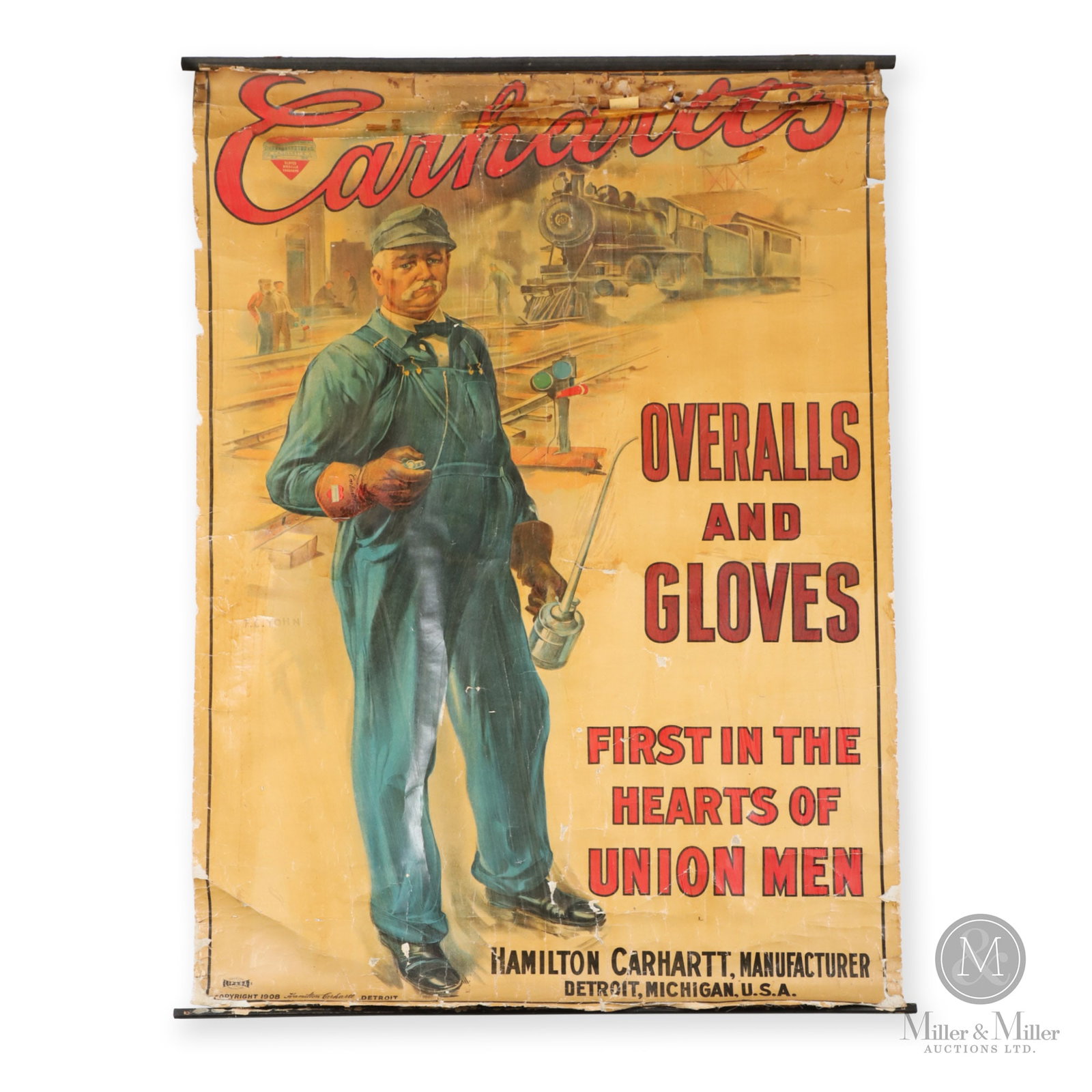 Carhartt's Overalls and Gloves "Trainman" Advertising Banner: American. 1908-1910s. Single-sided lithographed paper with canvas backing. Carhartt's was a company founded in 1889 in Detroit, Michigan by Hamilton Carhartt. The company was known for manufacturing h
