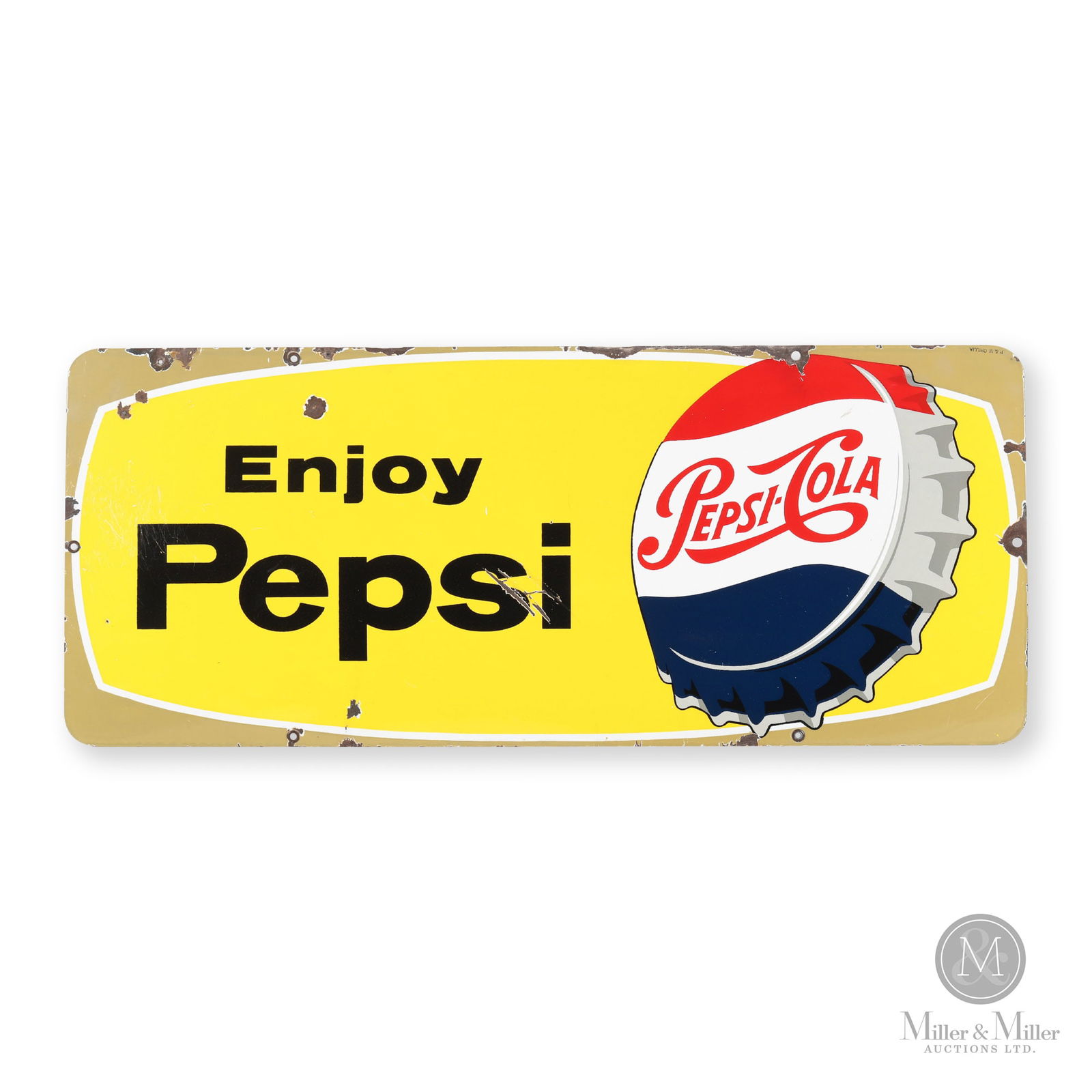 Pepsi-Cola "Bottle Cap" Door Kick Sign: Canadian. 1950s. Single-sided porcelain (SSP). Marked, P&M Orillia", lower left edge. 12.25" x 29.5". Authenticated by The Authentication Company (TAC #400891). All items are guaranteed authentic by M
