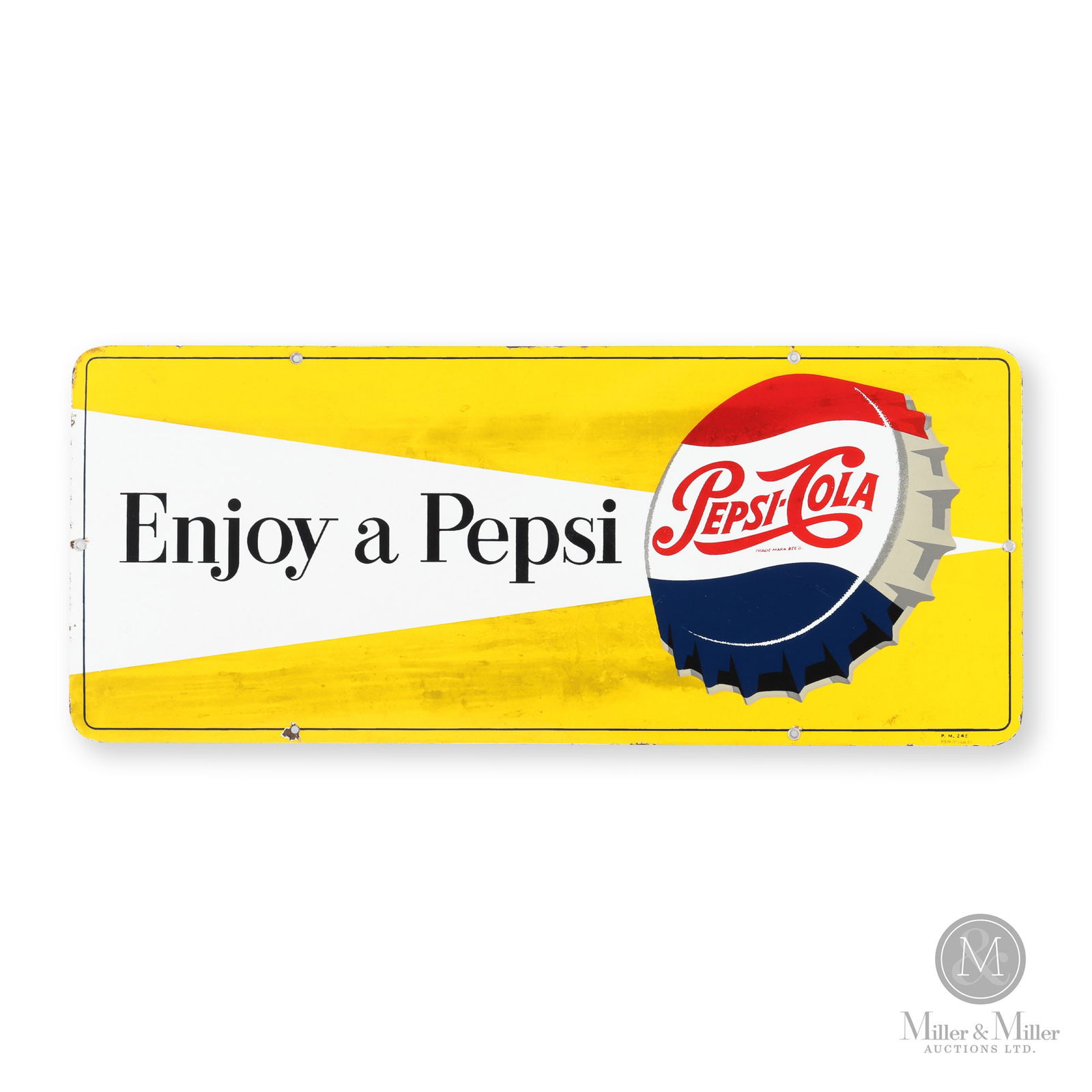 Pepsi-Cola 1957 "Enjoy A Pepsi" Door Kick Sign: Canadian. 1957. Single-sided porcelain (SSP). Marked, "P.M. 24E P&M Orillia 57", lower right edge. 12.25" x 29.5". Authenticated by The Authentication Company (TAC #400890). All items are guaranteed a