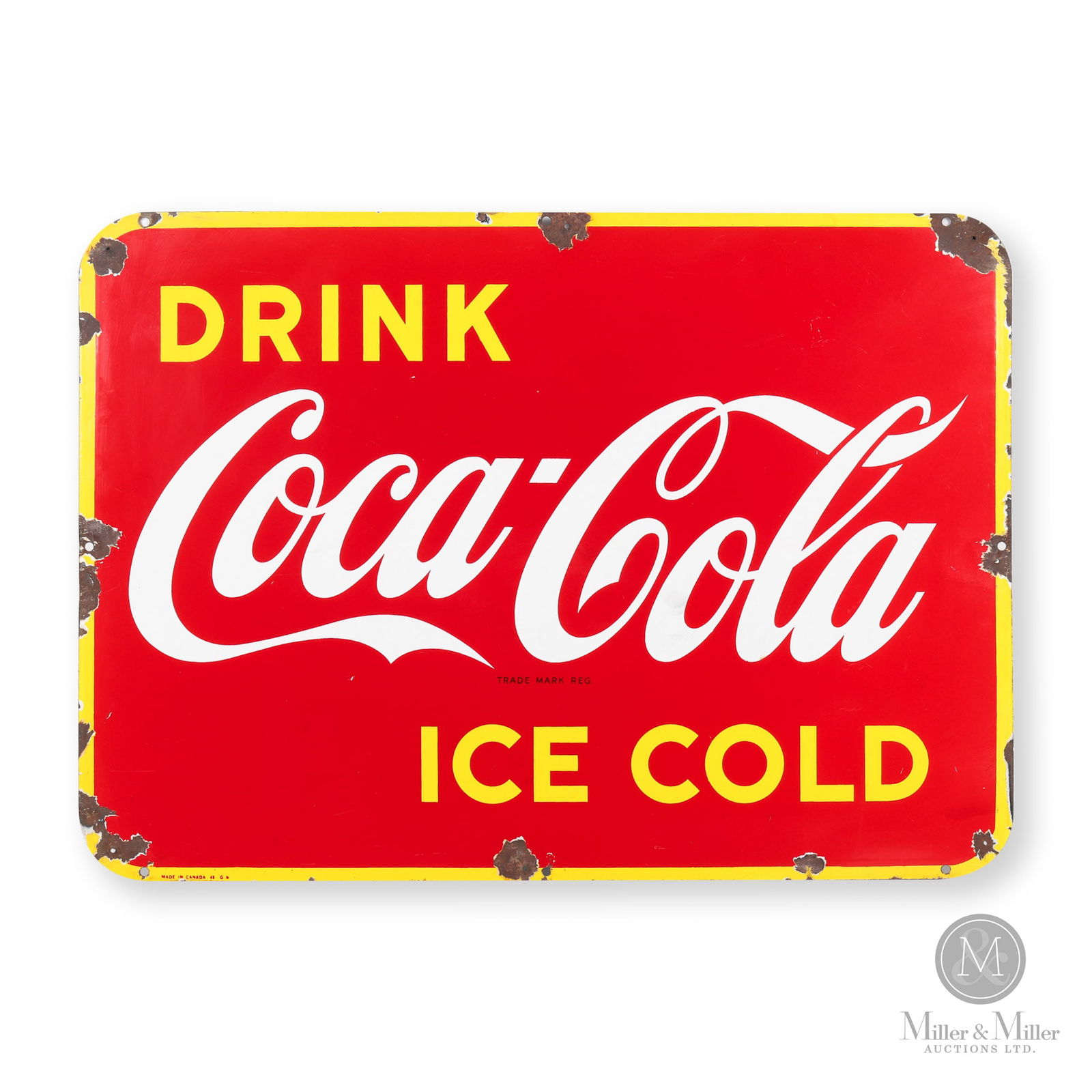 Coca-Cola Large Door Kick Sign: Canadian. 1948. Single-sided porcelain (SSP). Marked, "Made in Canada 48 G", lower left edge. 20" x 28". Authenticated by The Authentication Company (TAC #400943). All items are guaranteed authentic b