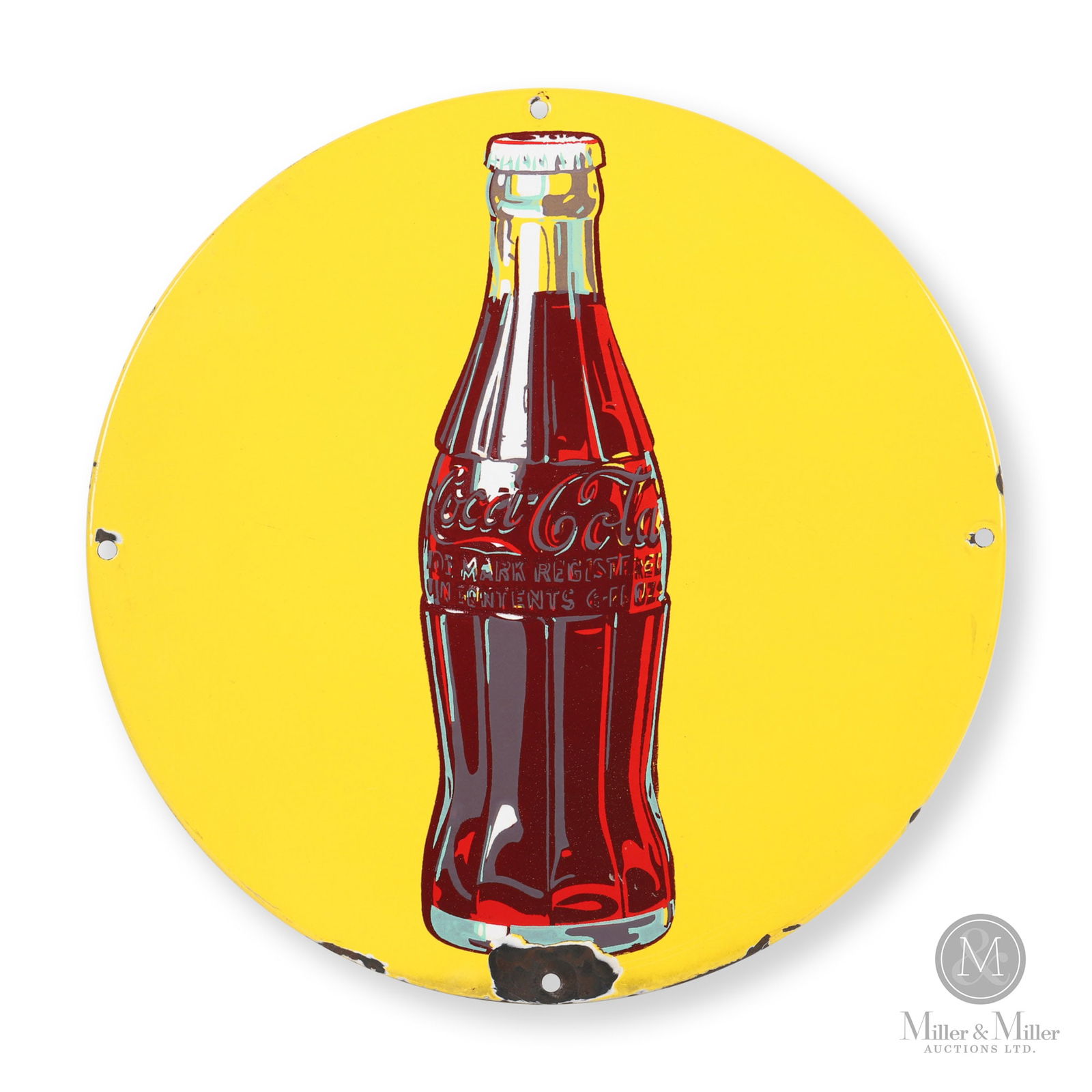 Coca-Cola 16" Bottle Sign: American. 1940s. Single-sided porcelain (SSP). 16" Dia x 0.75". Authenticated by The Authentication Company (TAC #500290). All items are guaranteed authentic by Miller & Miller Auctions. All purchases