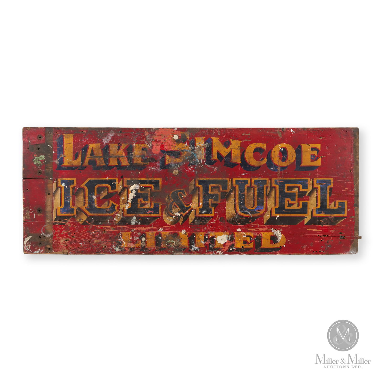 Lake Simcoe Ice & Fuel Ltd. Trade Sign: Canadian. Early 20th Century. Single-sided painted wood (SSW). Famous in North America for having the freshest tasting natural ice, Lake Simcoe became an important source of ice for shipment to reside